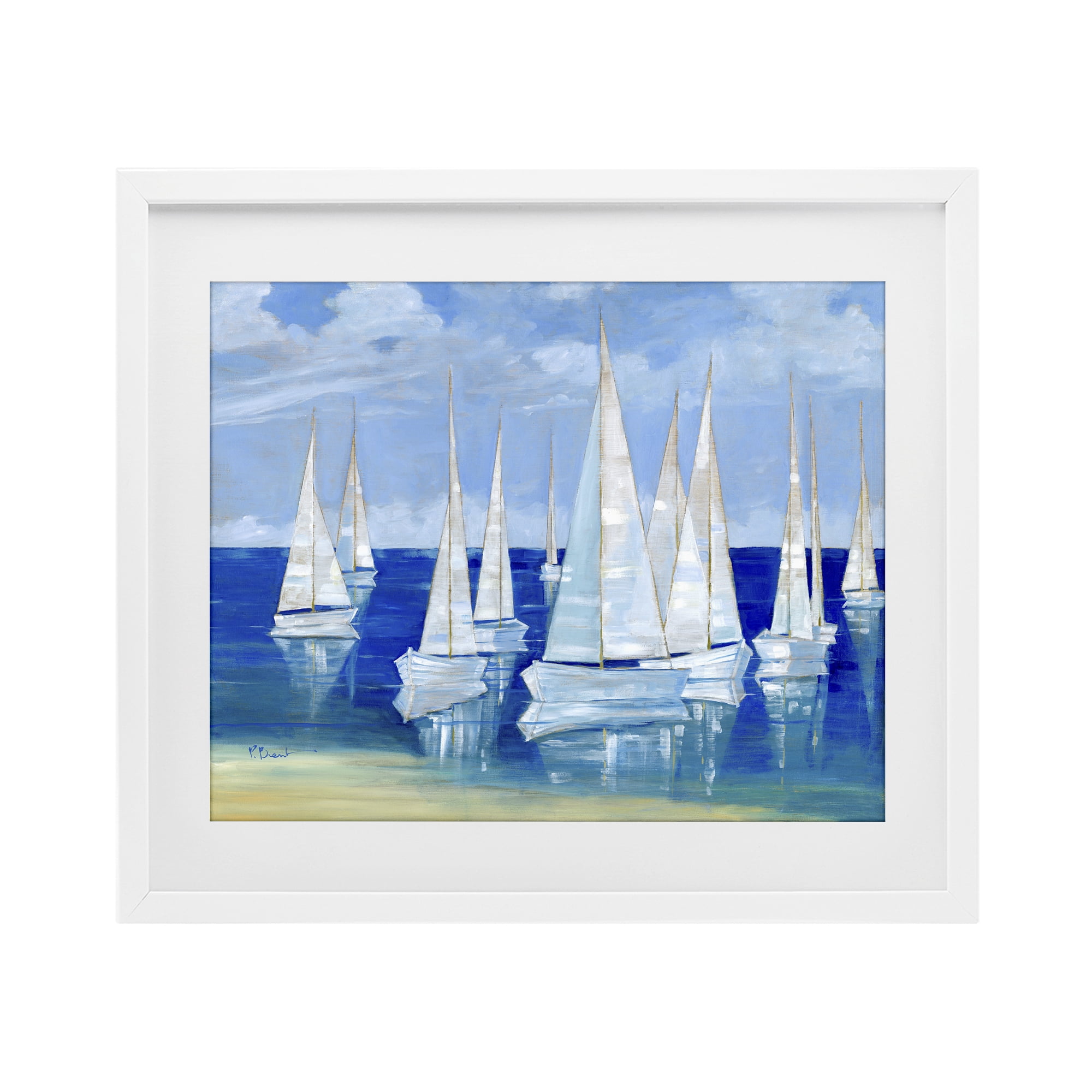 Stupell Industries Blanco Beach Sailboats White Framed Print Under Glass, design by Paul Brent