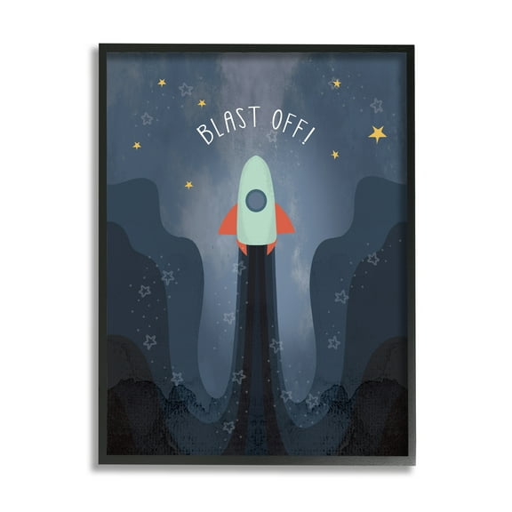 Stupell Industries Blast Off Retro Blue Space Rocket with Stars Outer Space Painting Black Framed Art Print Wall Art, 11 x 14