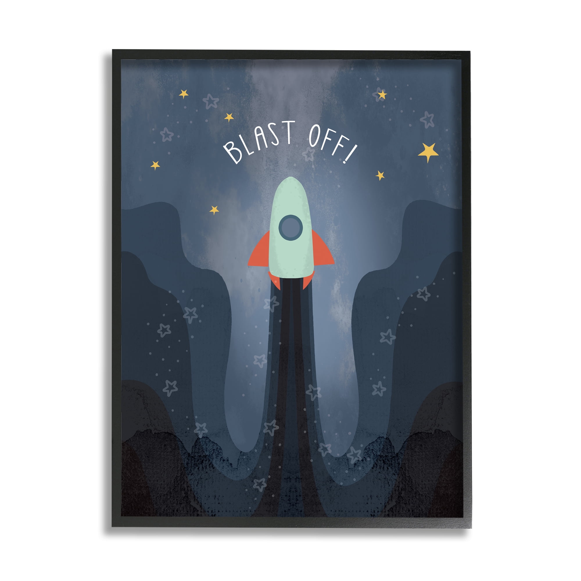 Stupell Industries Blast Off Retro Blue Space Rocket with Stars Outer Space Painting Black Framed Art Print Wall Art, 16 x 20