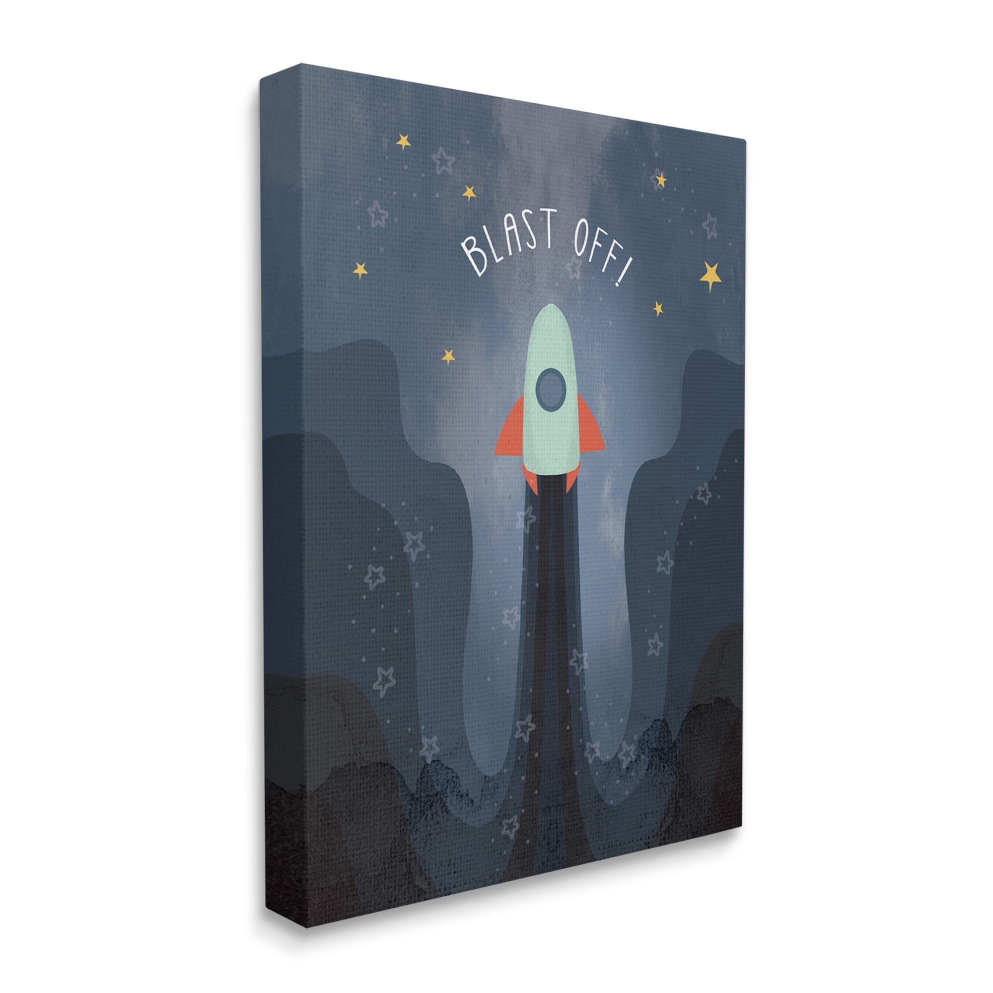 Stupell Industries Blast Off Retro Blue Space Rocket with Stars Outer Space Painting Gallery Wrapped Canvas Print Wall Art, 36 x 48