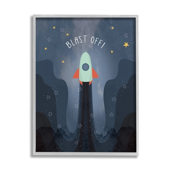 Stupell Industries Blast Off Retro Blue Space Rocket with Stars Outer Space Painting Gray Framed Art Print Wall Art, 24 x 30