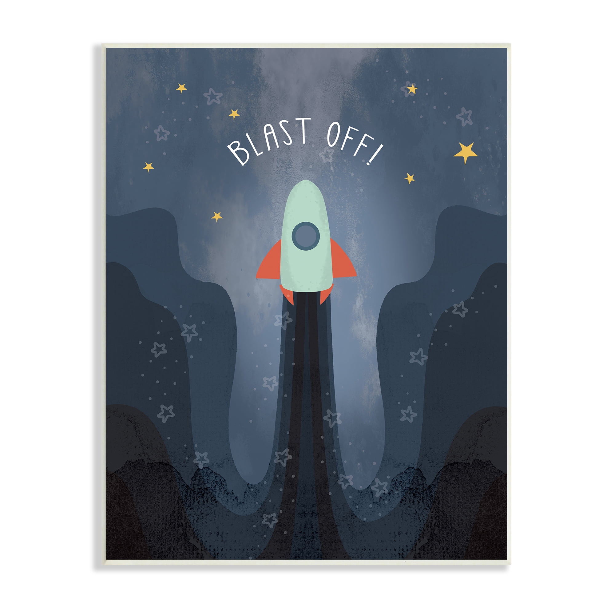 Stupell Industries Blast Off Retro Blue Space Rocket with Stars Outer Space Painting Unframed Art Print Wall Art, 13 x 19