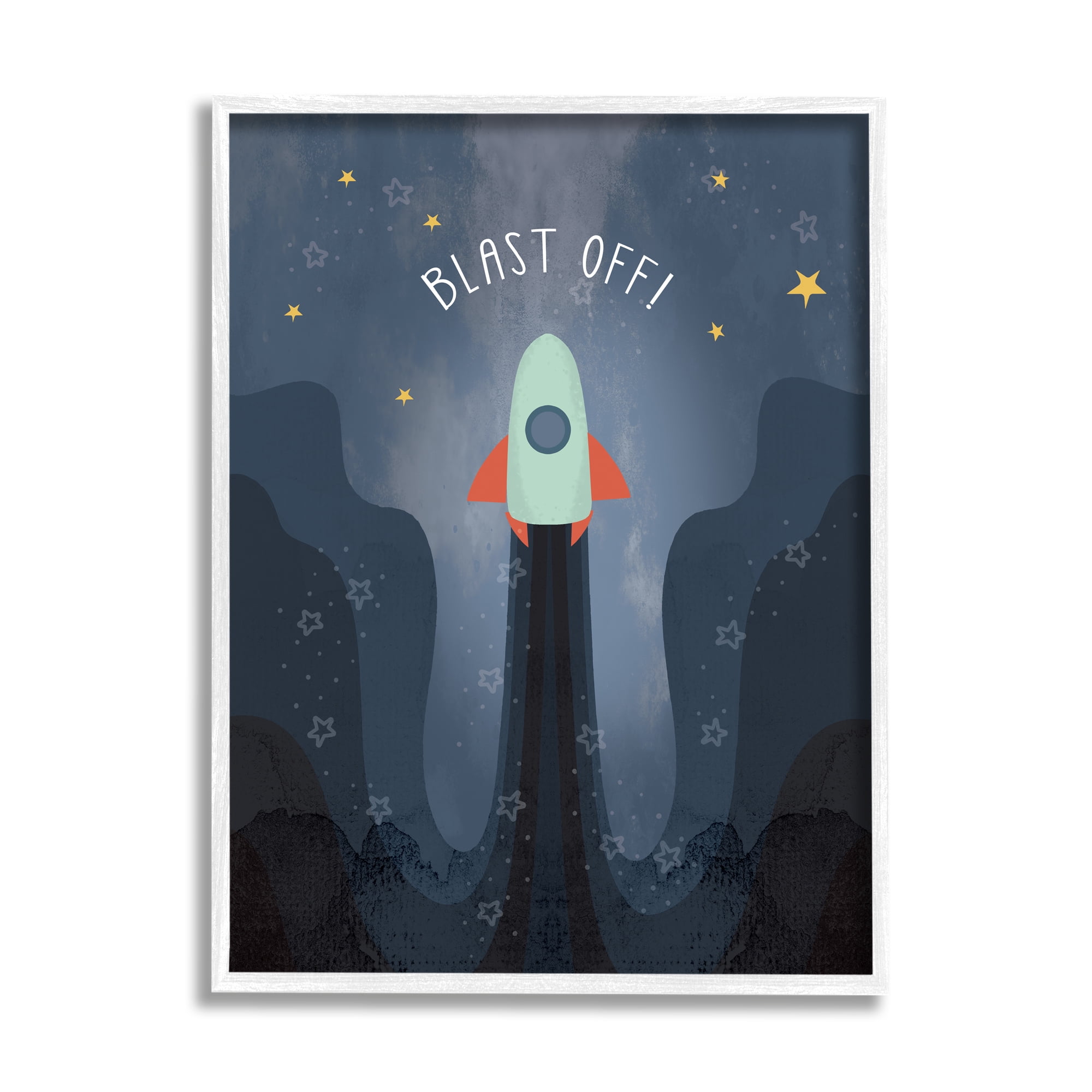 Stupell Industries Blast Off Retro Blue Space Rocket with Stars Outer Space Painting White Framed Art Print Wall Art, 16 x 20