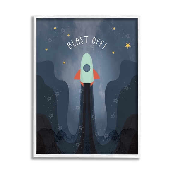 Stupell Industries Blast Off Retro Blue Space Rocket with Stars Outer Space Painting White Framed Art Print Wall Art, 16 x 20