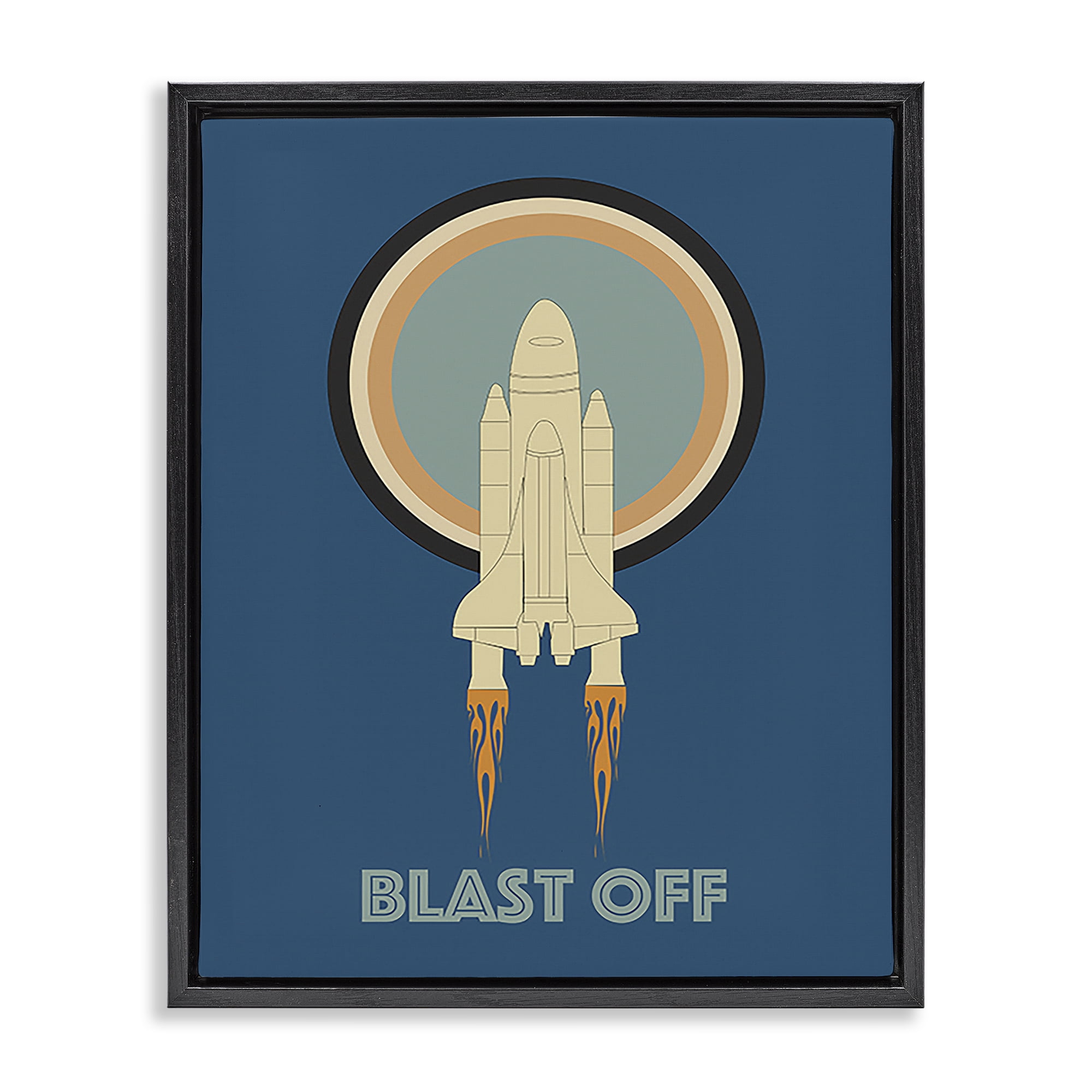 Stupell Industries Blast Off Vintage Rocket Transportation Painting Black Floater Framed Canvas Art Print Wall Art, 17 x 21