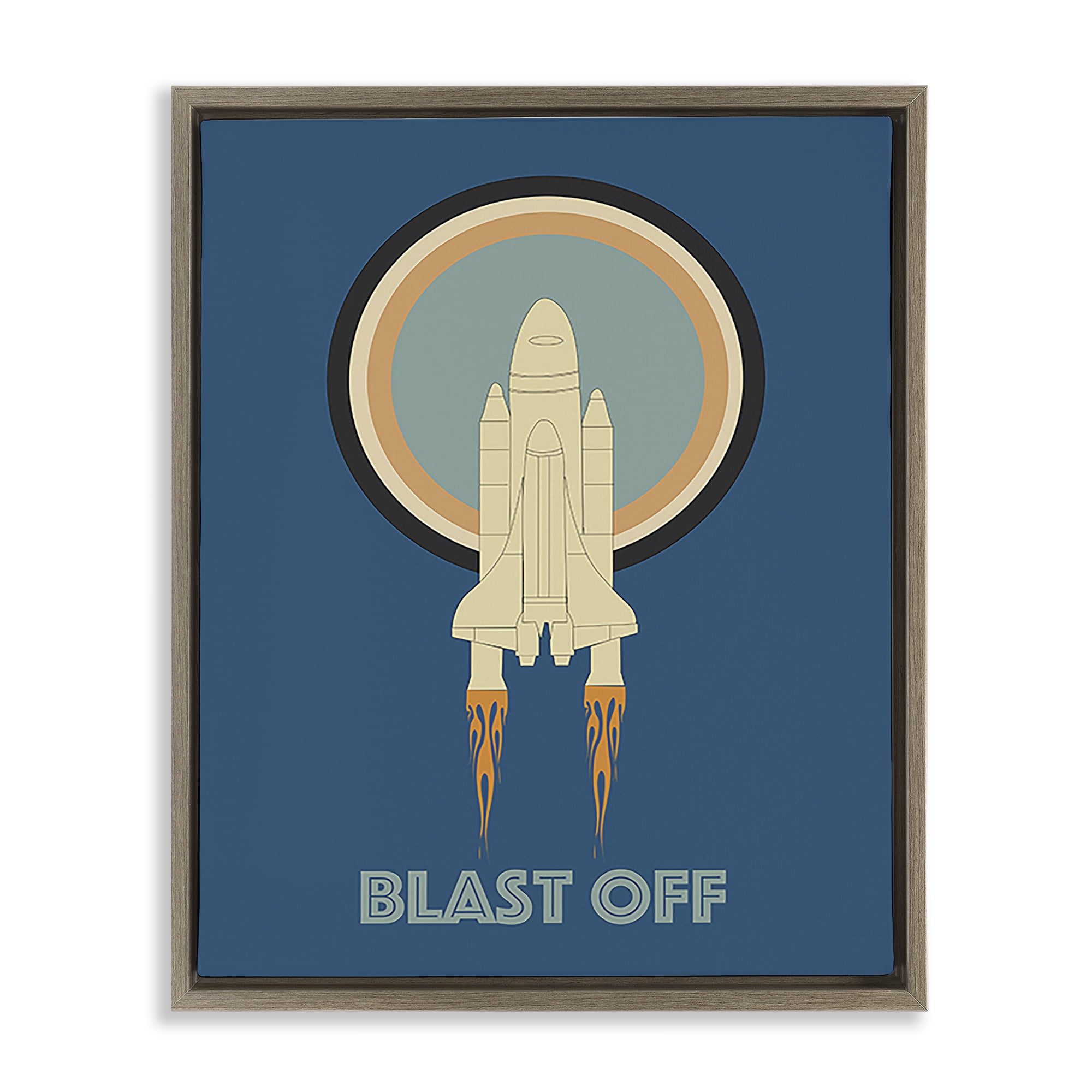 Stupell Industries Blast Off Vintage Rocket Transportation Painting Brown Floater Framed Canvas Art Print Wall Art, 25 x 31