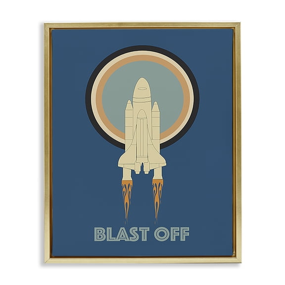 Stupell Industries Blast Off Vintage Rocket Transportation Painting Gold Floater Framed Canvas Art Print Wall Art, 17 x 21