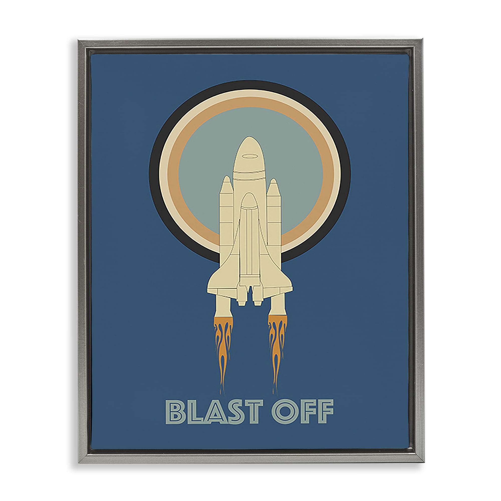 Stupell Industries Blast Off Vintage Rocket Transportation Painting Gray Floater Framed Canvas Art Print Wall Art, 17 x 21