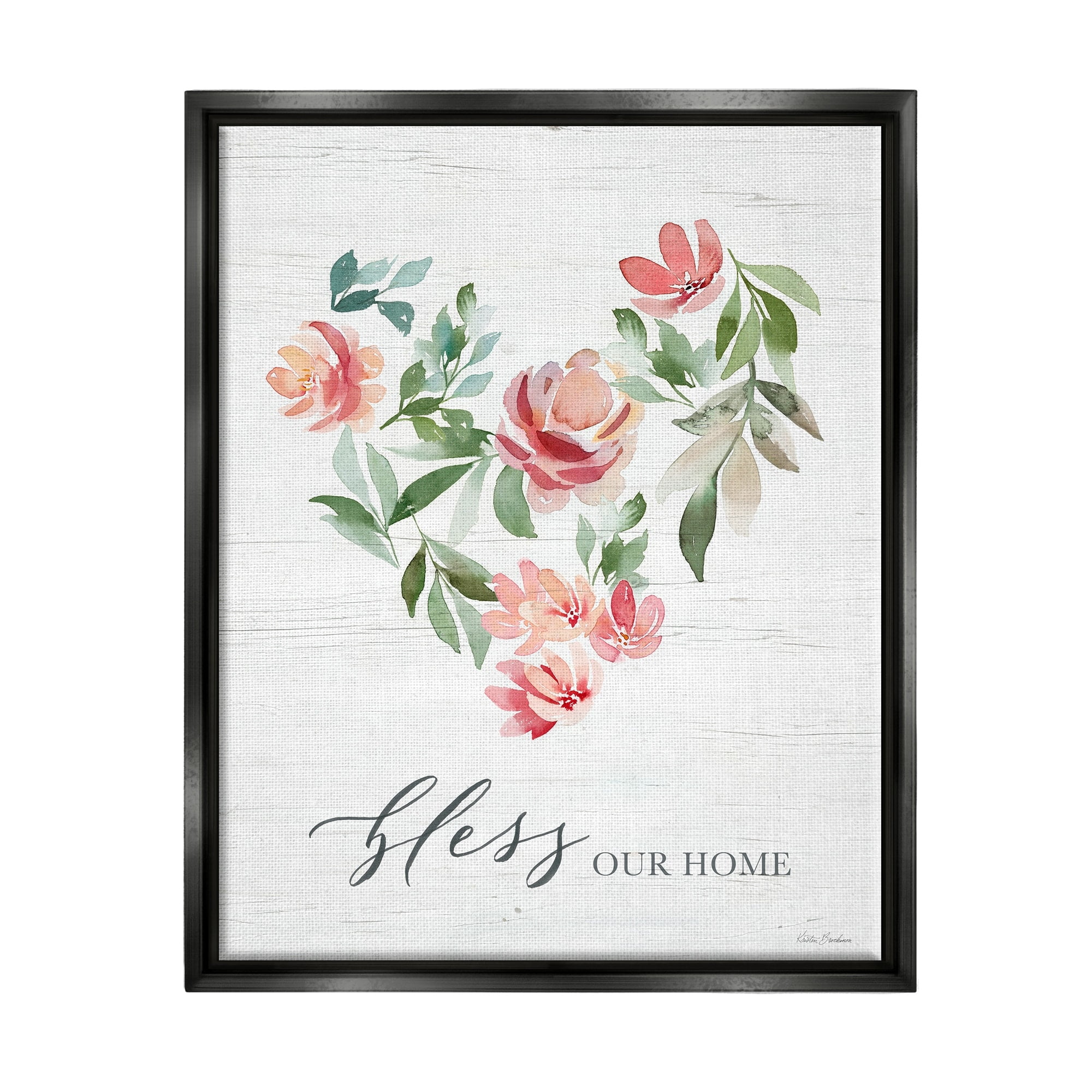 Stupell Industries Bless Our Home Grainy Pattern Floral Heart Shape Graphic Art Jet Black Floating Framed Canvas Print Wall Art, Design by Kristen Brockmon