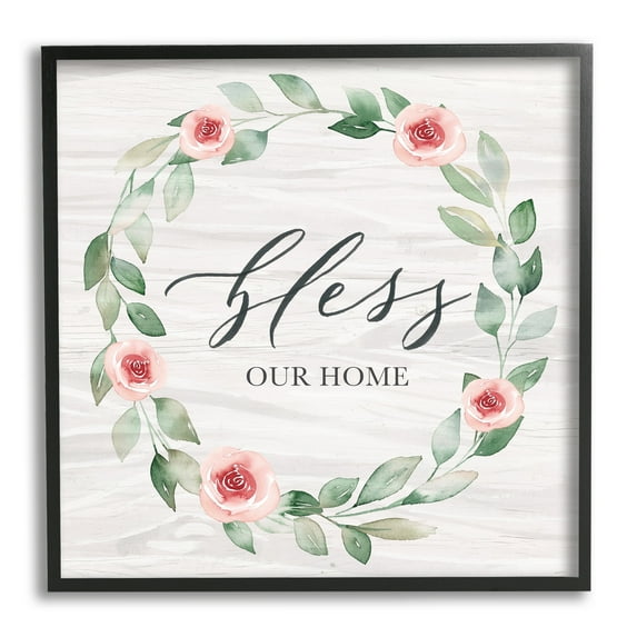 Stupell Industries Bless Our Home Family Phrase Simple Pink Rose Wreath, 12 x 12, Design by Kristen Brockmon