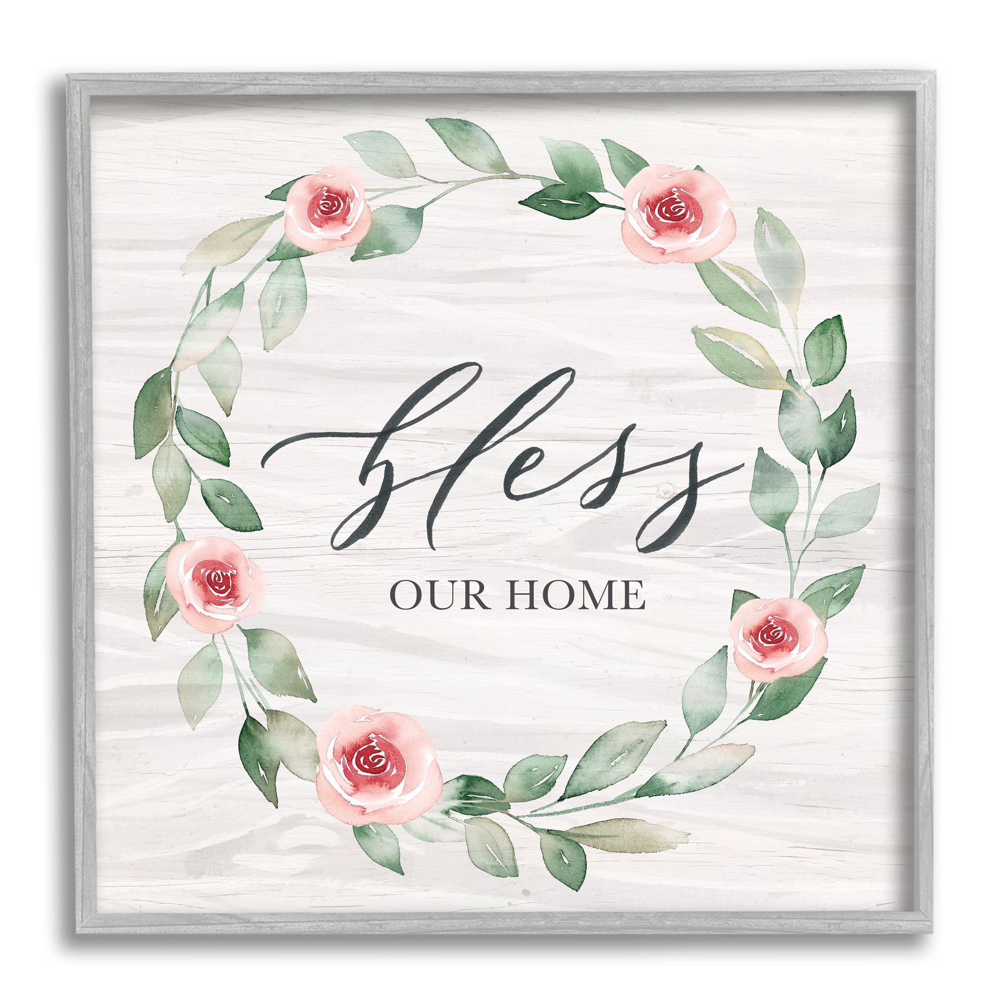 Stupell Industries Bless Our Home Family Phrase Simple Pink Rose Wreath, 24 x 24, Design by Kristen Brockmon