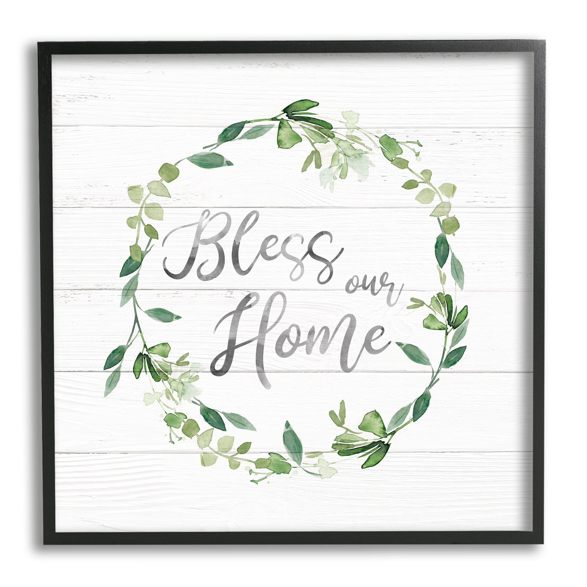 Stupell Industries Bless Our Home Farmhouse Leaves Wreath Calligraphy Graphic Art Black Framed Art Print Wall Art, Design by Carol Robinson