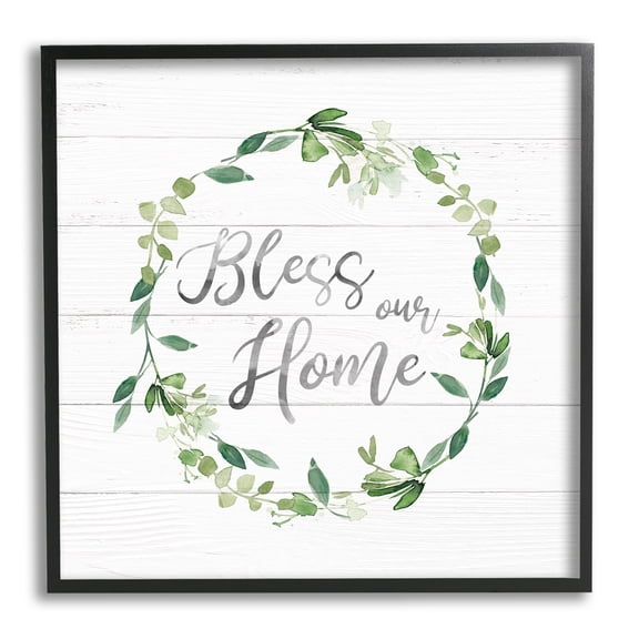 Stupell Industries Bless Our Home Farmhouse Leaves Wreath Calligraphy Graphic Art Black Framed Art Print Wall Art, Design by Carol Robinson
