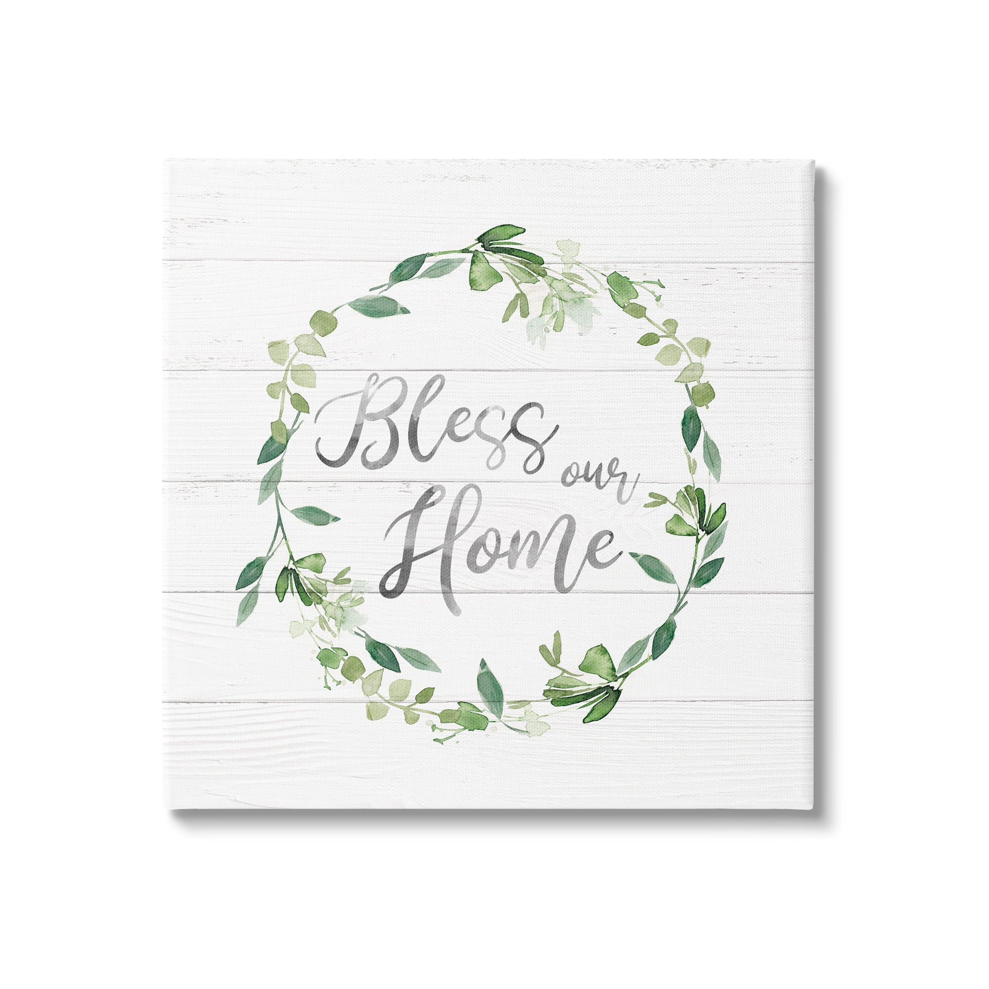 Stupell Industries Bless Our Home Farmhouse Leaves Wreath Calligraphy Graphic Art Gallery Wrapped Canvas Print Wall Art, Design by Carol Robinson