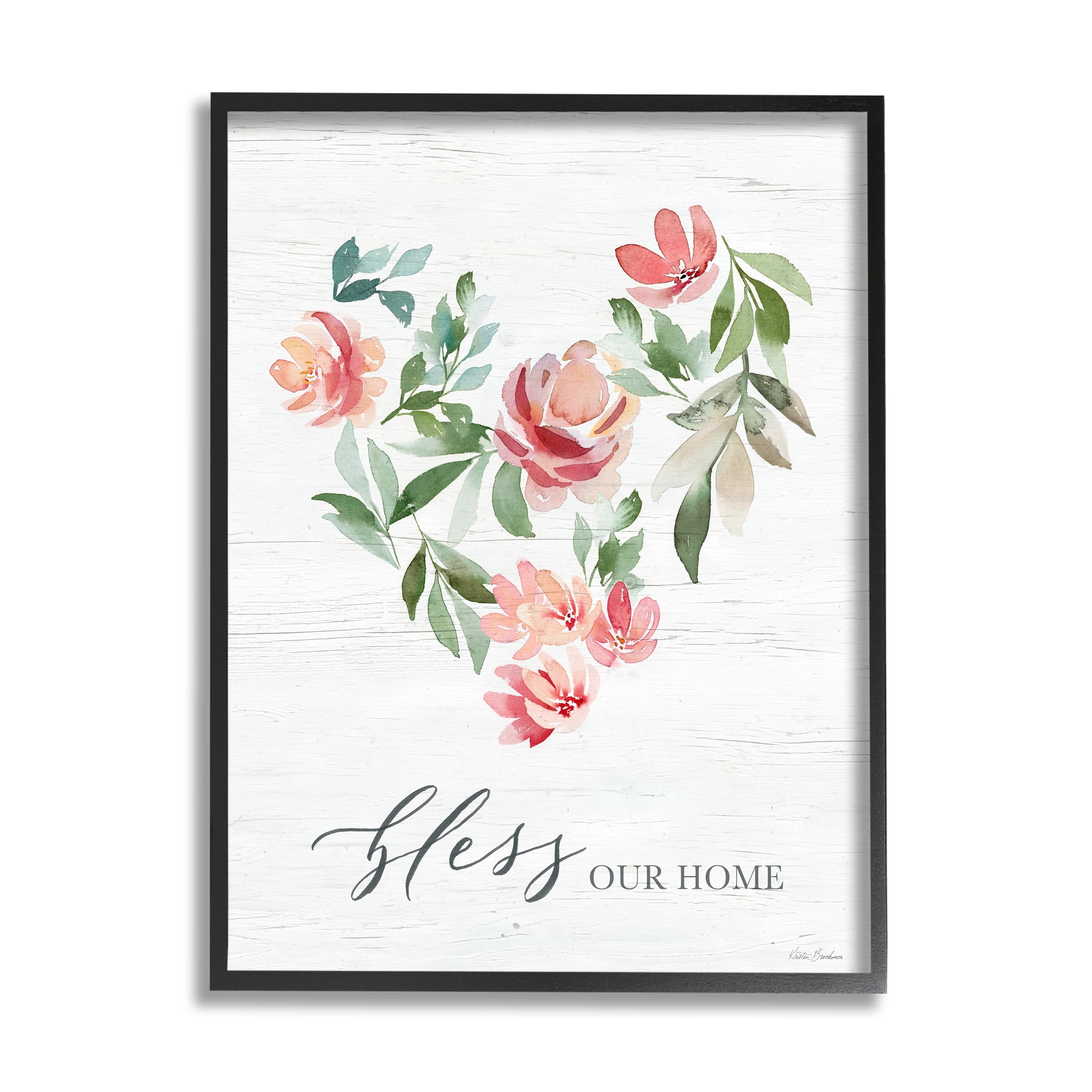Stupell Industries Bless Our Home Grainy Pattern Floral Heart Shape Graphic Art Black Framed Art Print Wall Art, Design by Kristen Brockmon