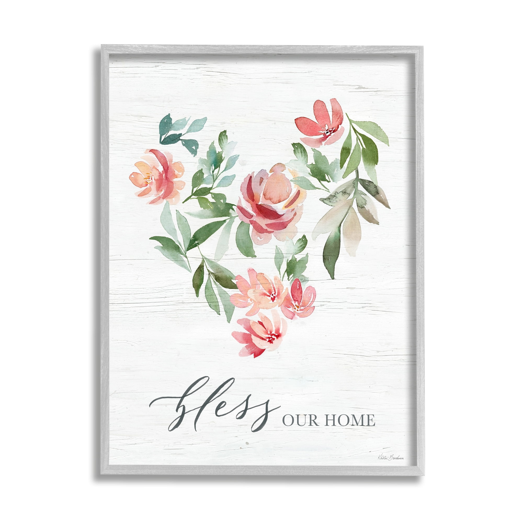Stupell Industries Bless Our Home Grainy Pattern Floral Heart Shape Graphic Art Gray Framed Art Print Wall Art, Design by Kristen Brockmon