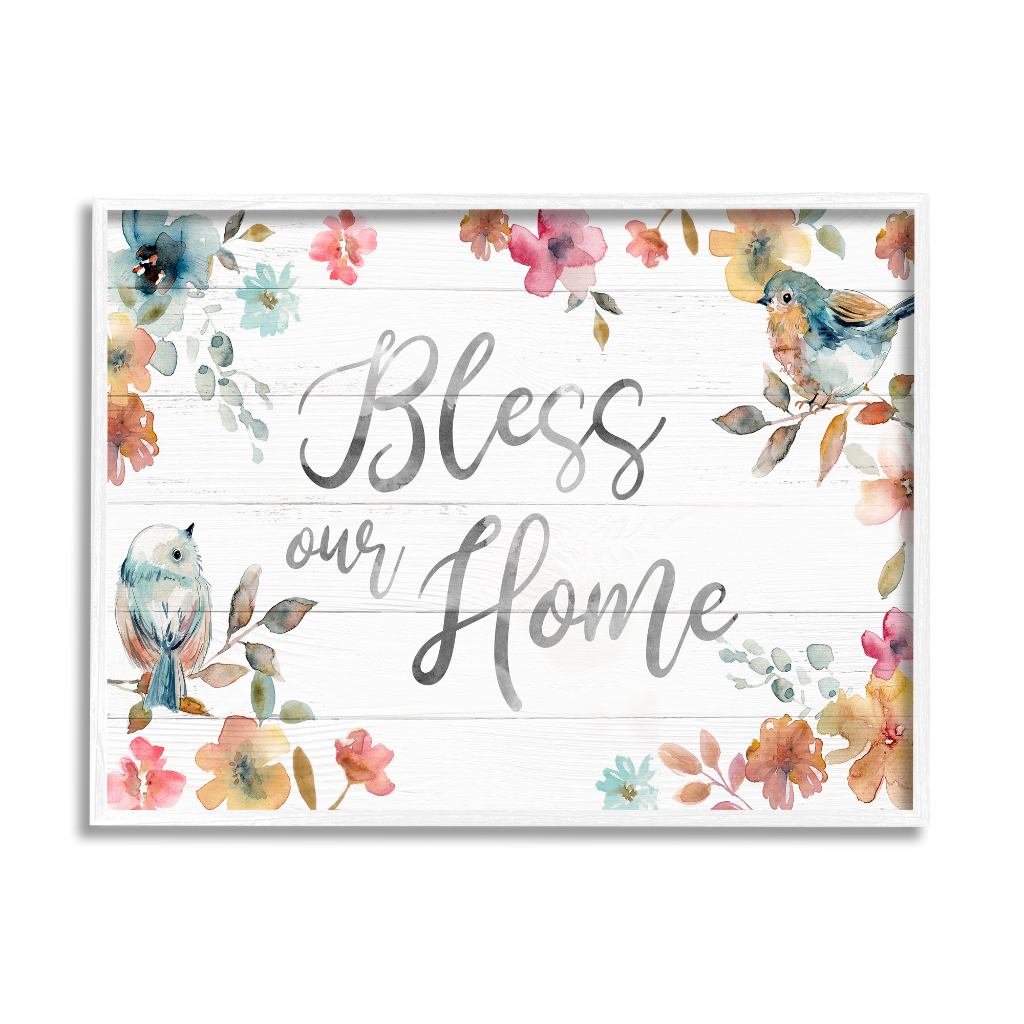 Stupell Industries Bless Our Home Greeting Watercolor Birds Blooming Flowers, 14 x 11, Design by Carol Robinson
