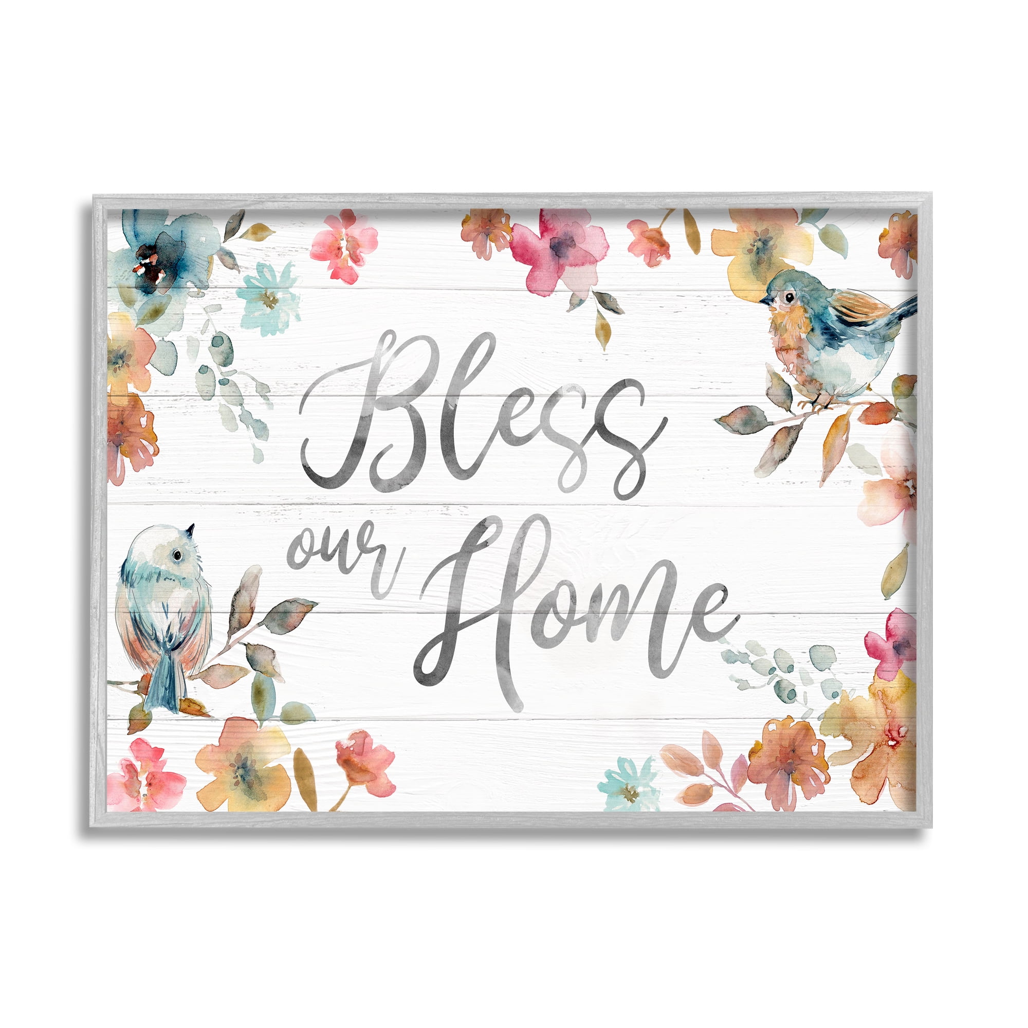 Stupell Industries Bless Our Home Greeting Watercolor Birds Blooming Flowers, 20 x 16, Design by Carol Robinson