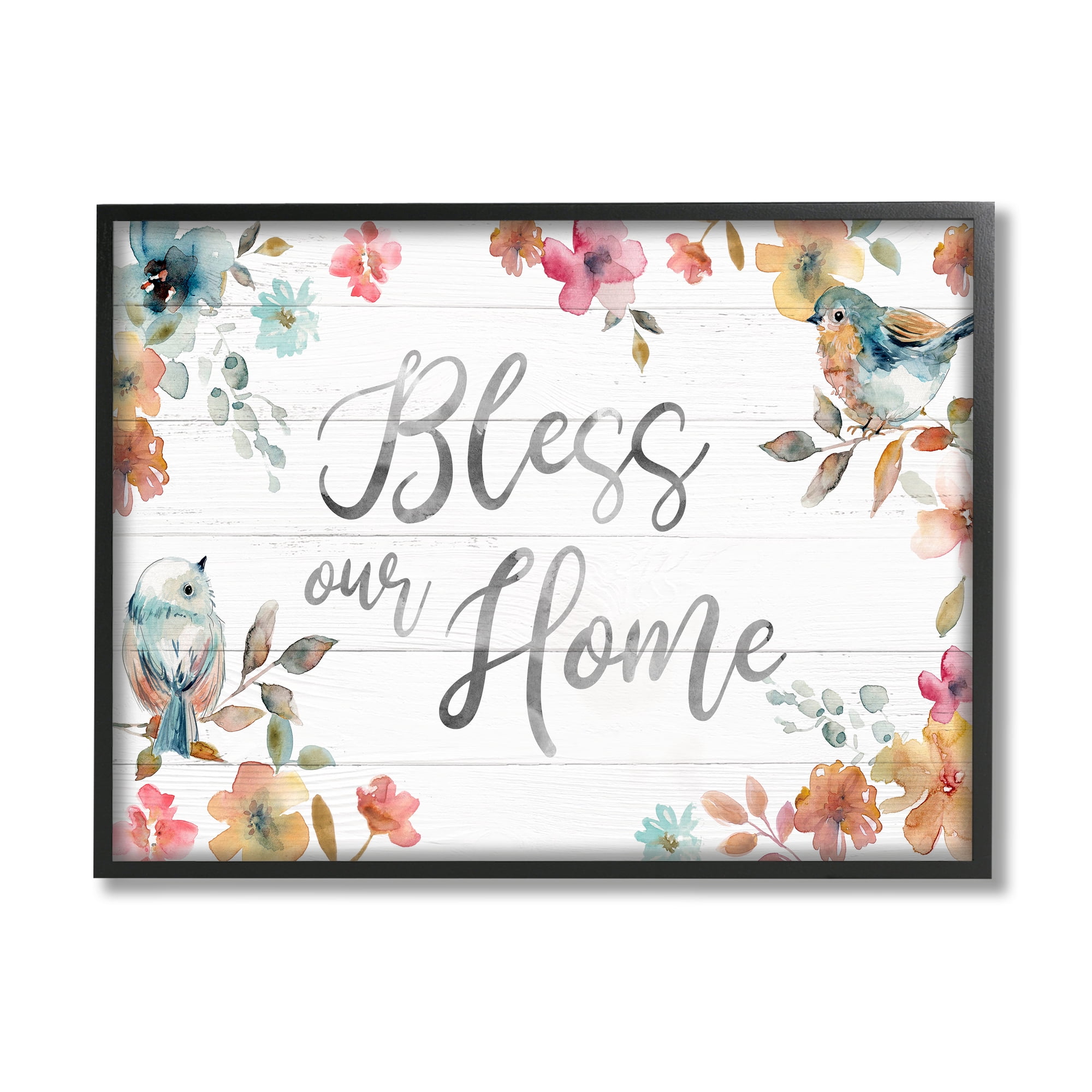 Stupell Industries Bless Our Home Greeting Watercolor Birds Blooming Flowers, 20 x 16, Design by Carol Robinson