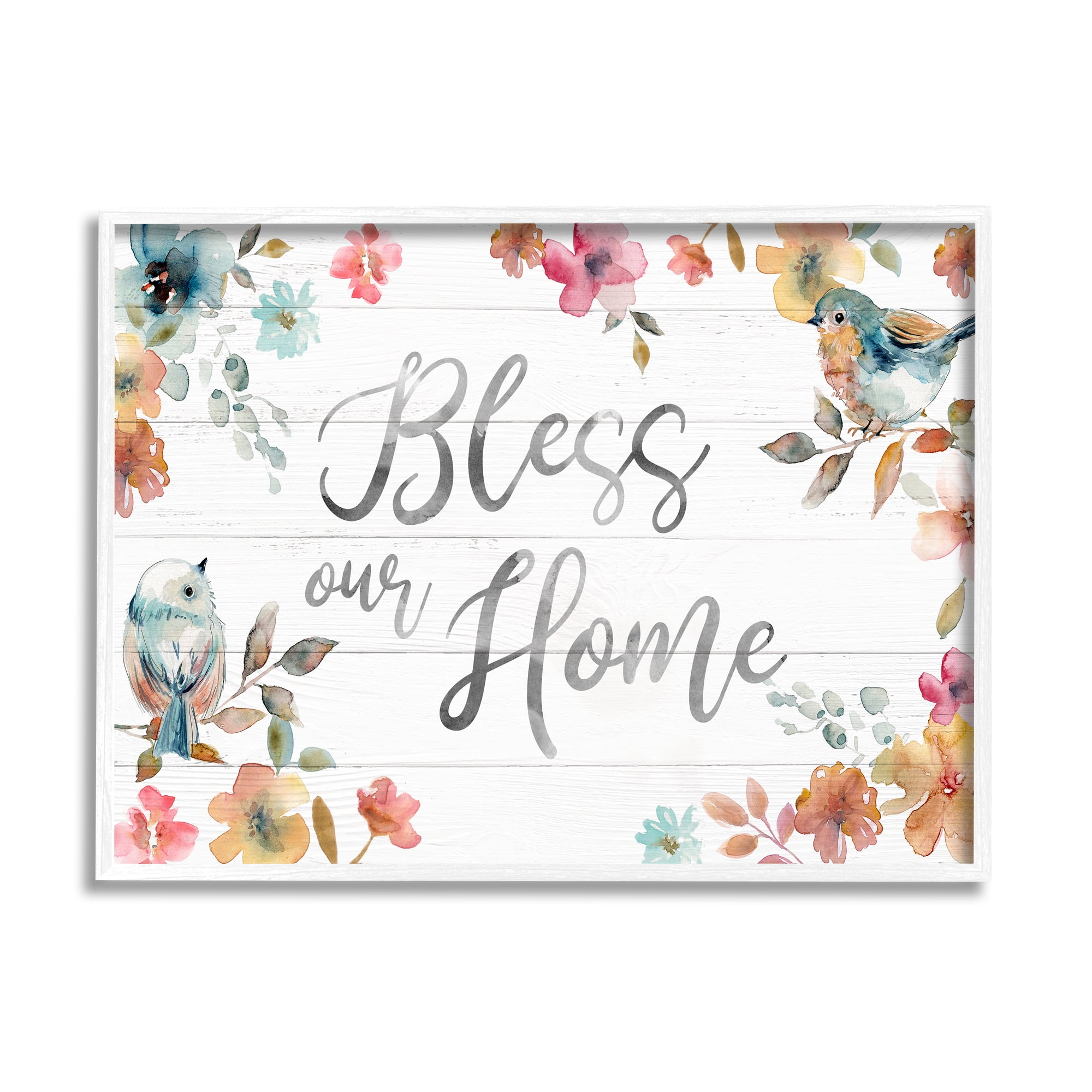 Stupell Industries Bless Our Home Greeting Watercolor Birds Blooming Flowers, 30 x 24, Design by Carol Robinson