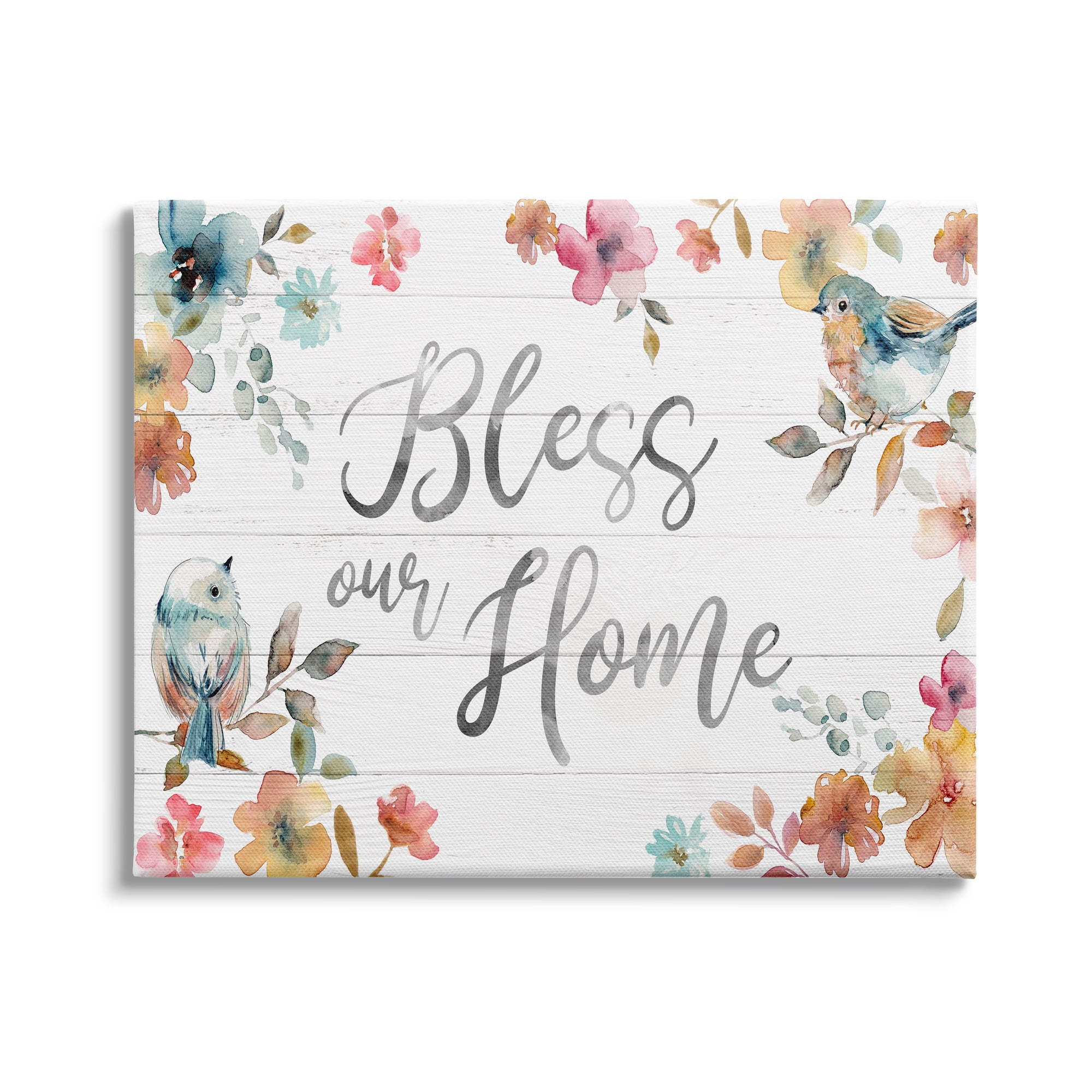 Stupell Industries Bless Our Home Greeting Watercolor Birds Blooming Flowers, 48 x 36, Design by Carol Robinson