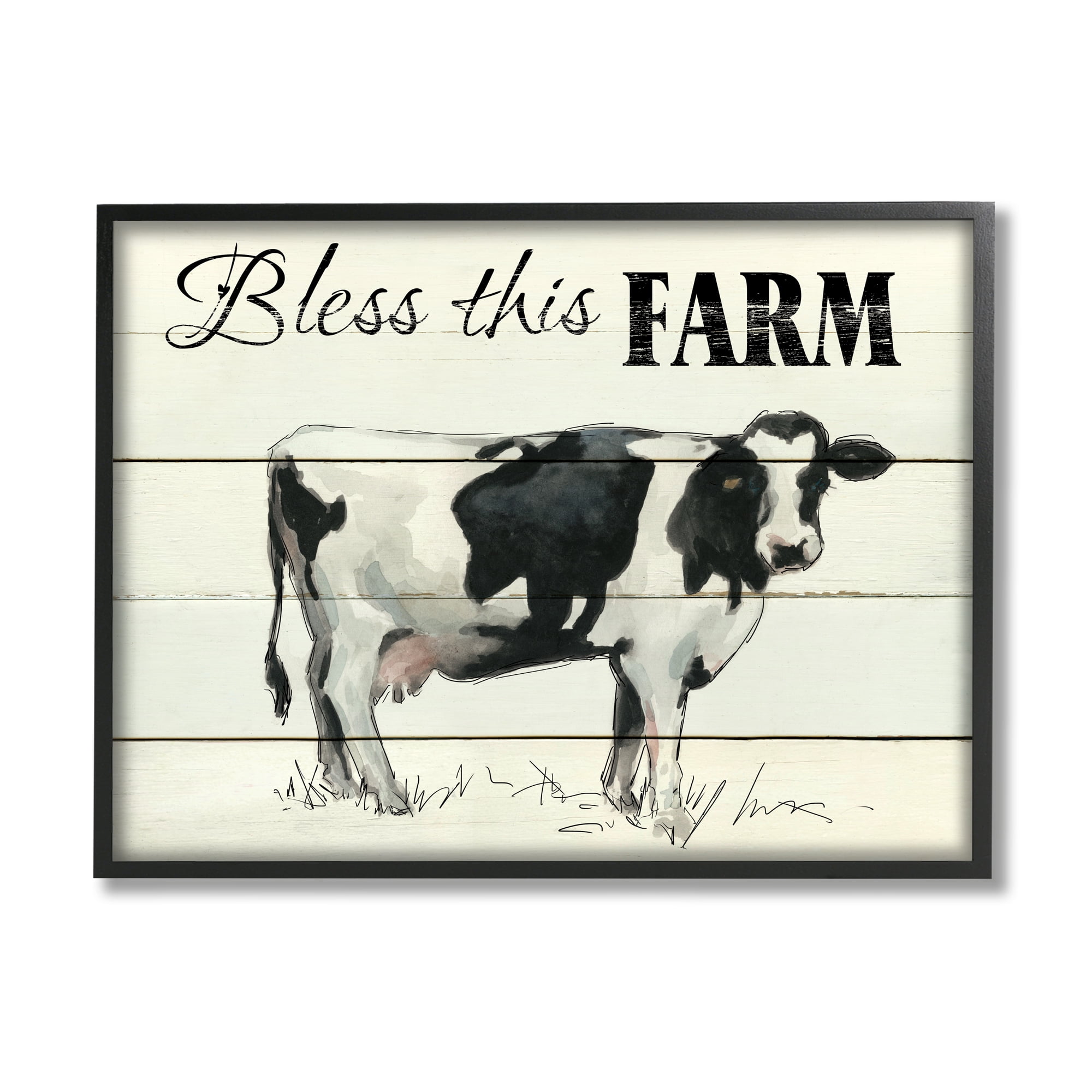 Stupell Industries Bless This Farm Country Phrase Grazing Dairy Cow Religious Painting Black Framed Art Print Wall Art, 24 x 30