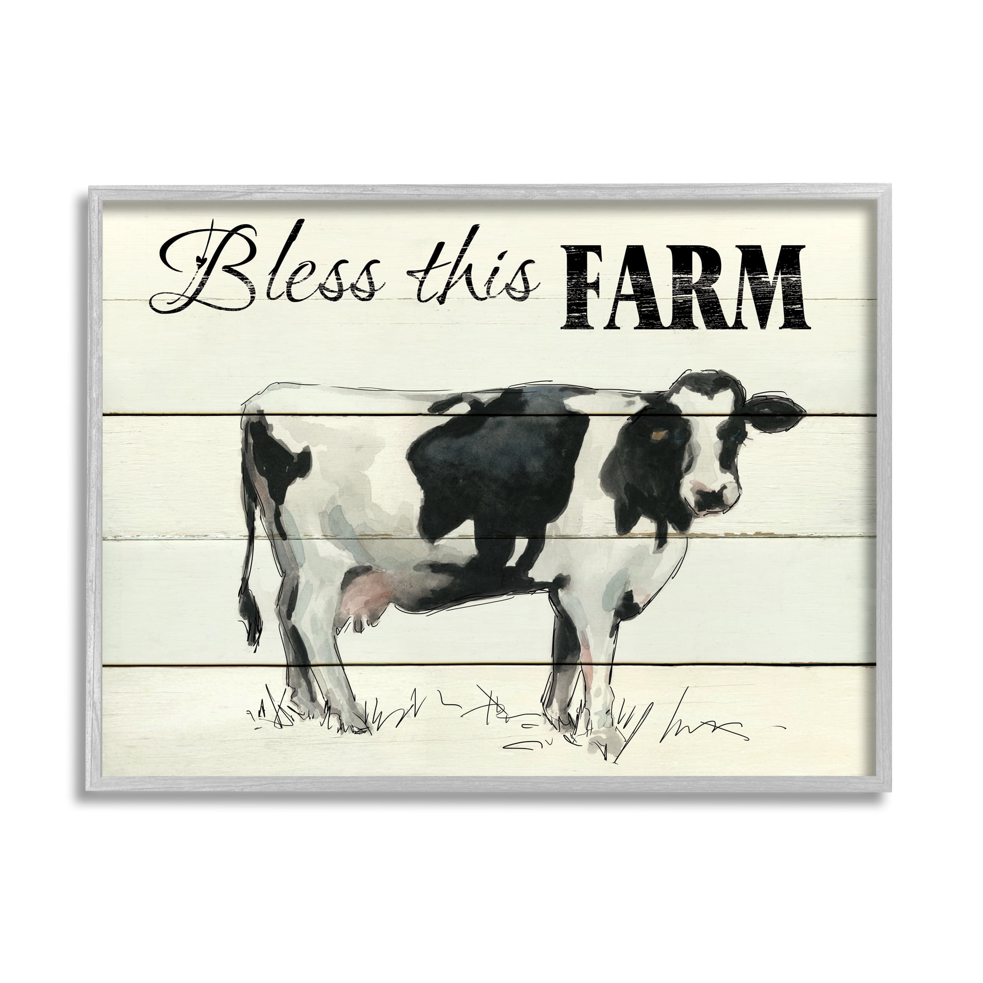 Stupell Industries Bless This Farm Country Phrase Grazing Dairy Cow Religious Painting Gray Framed Art Print Wall Art, 24 x 30