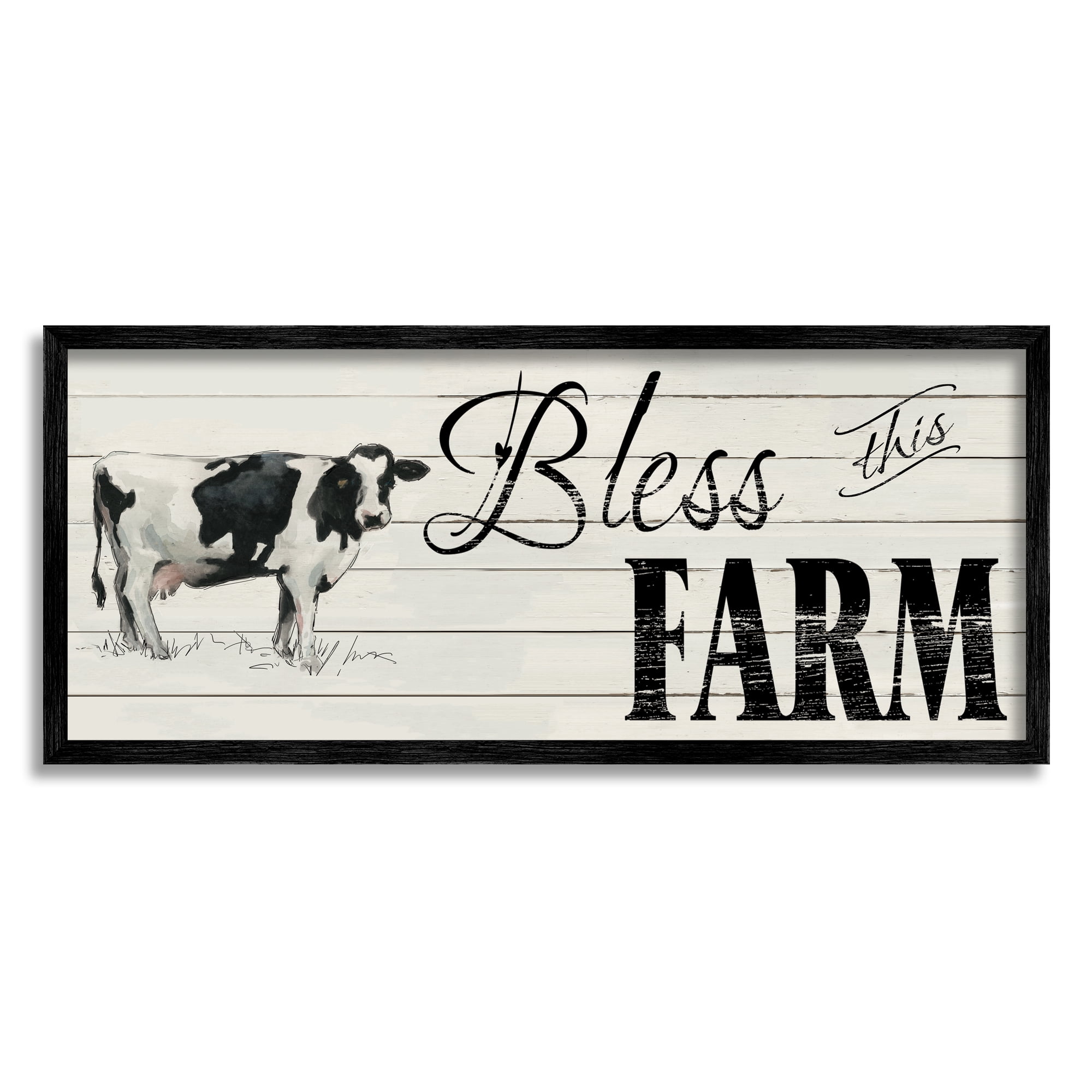 Stupell Industries Bless This Farm Sentiment Traditional Dairy Cow Religious Painting Black Framed Art Print Wall Art, 13 x 30