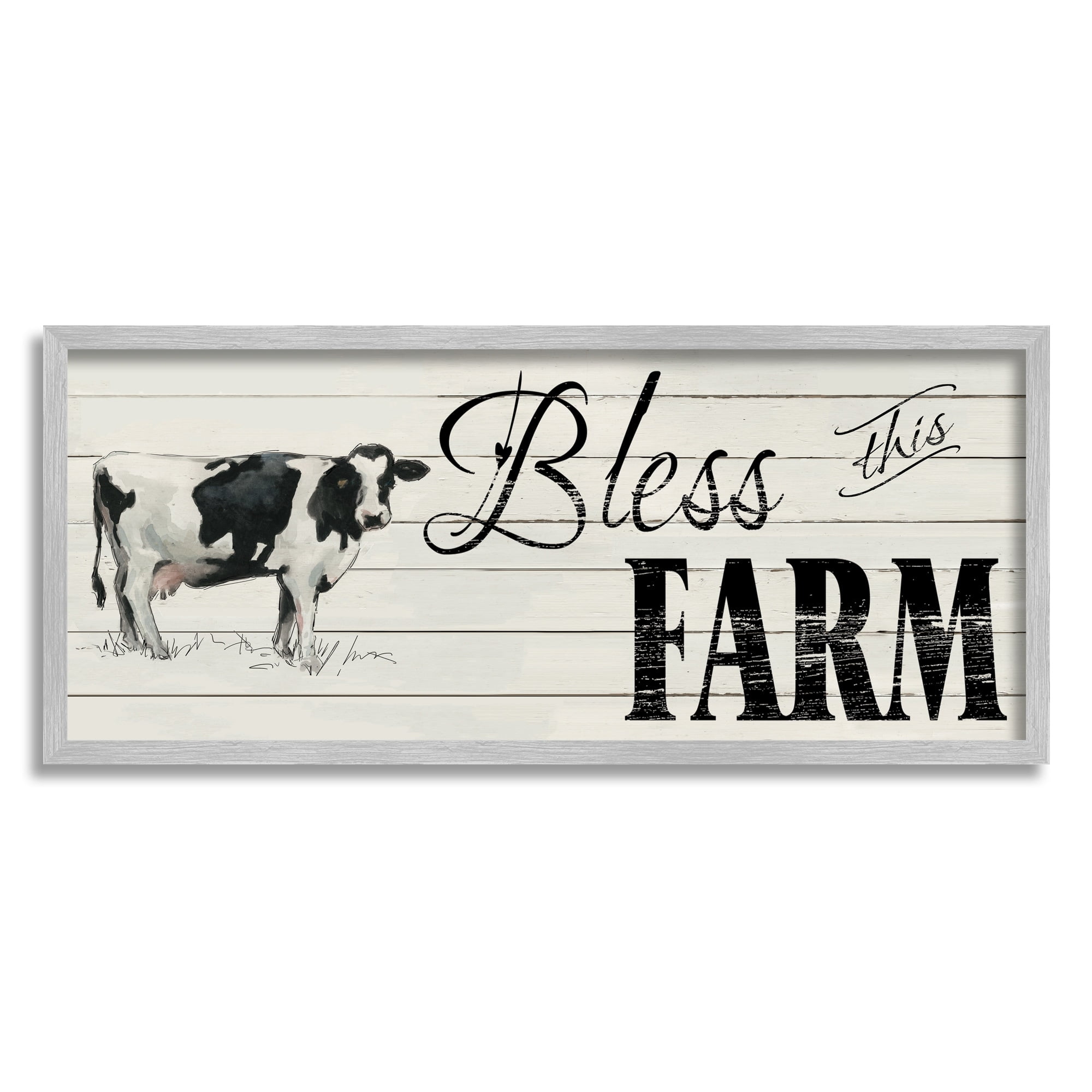 Stupell Industries Bless This Farm Sentiment Traditional Dairy Cow Religious Painting Gray Framed Art Print Wall Art, 13 x 30