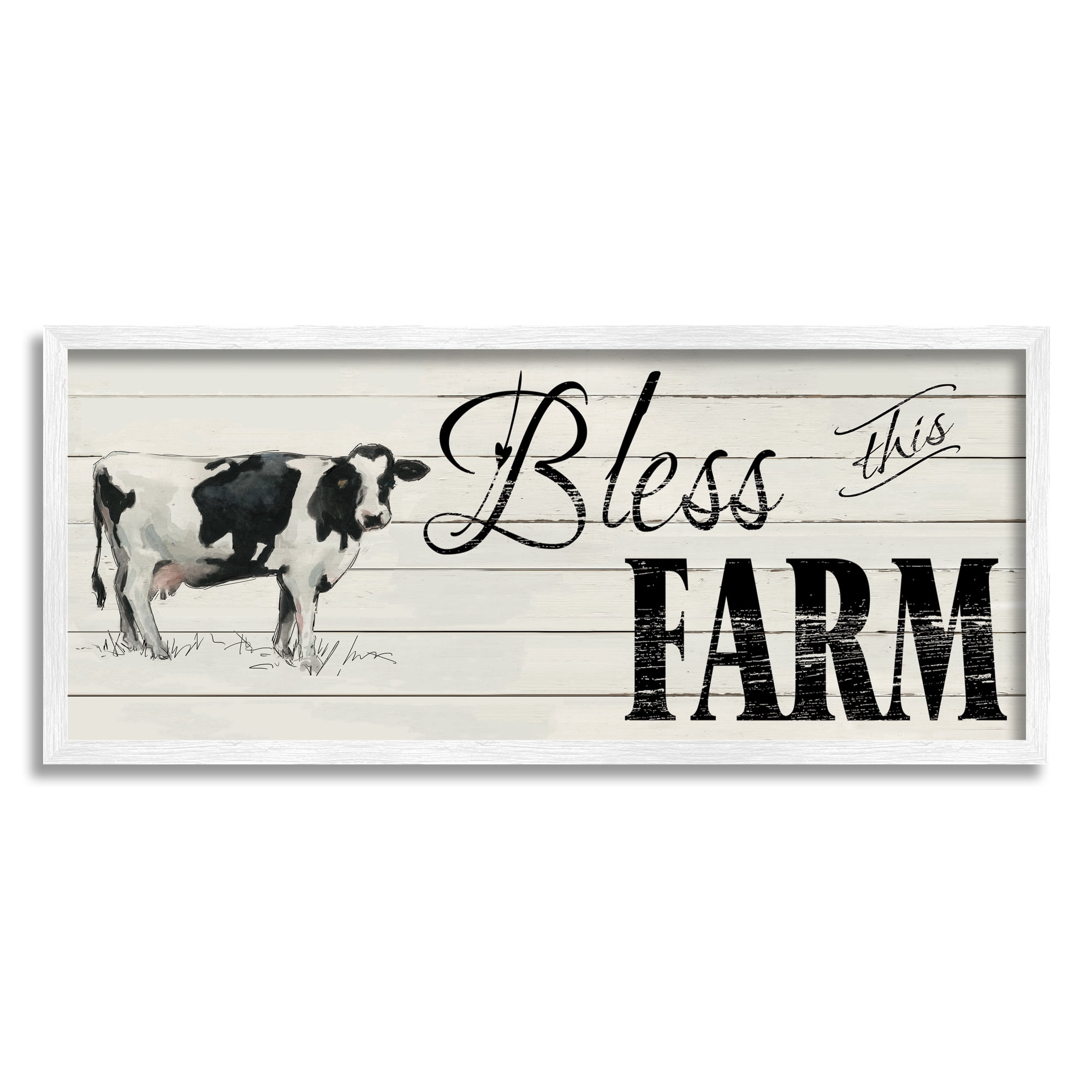 Stupell Industries Bless This Farm Sentiment Traditional Dairy Cow Religious Painting White Framed Art Print Wall Art, 13 x 30
