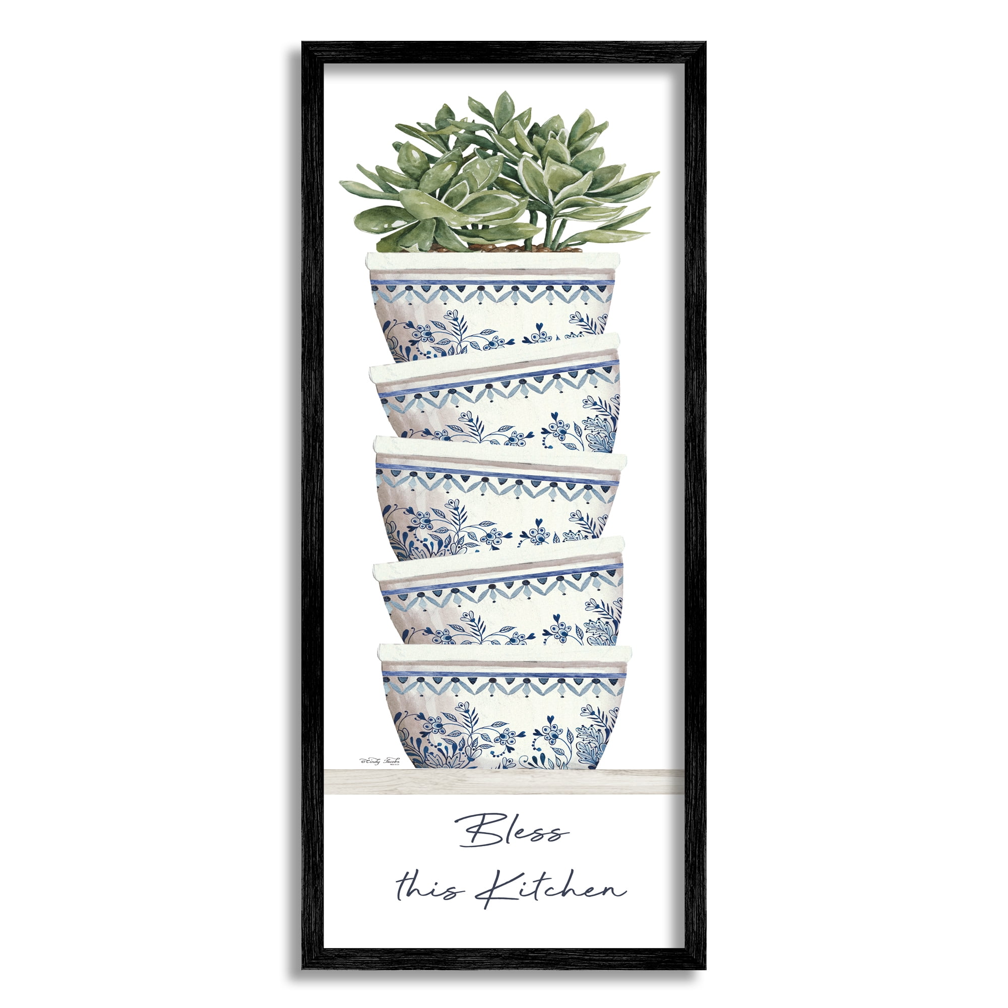 Stupell Industries Bless This Kitchen Stacked Ornate Bowls Succulent Plant Graphic Art Black Framed Art Print Wall Art, Design by Cindy Jacobs