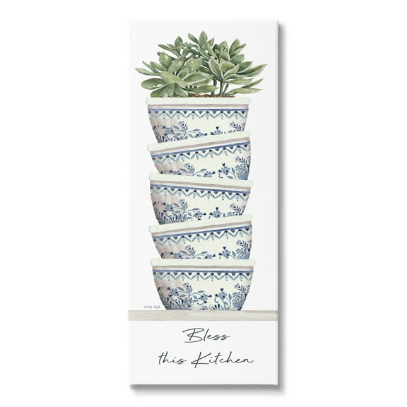 Stupell Industries Bless This Kitchen Stacked Ornate Bowls Succulent Plant Graphic Art Gallery Wrapped Canvas Print Wall Art, Design by Cindy Jacobs