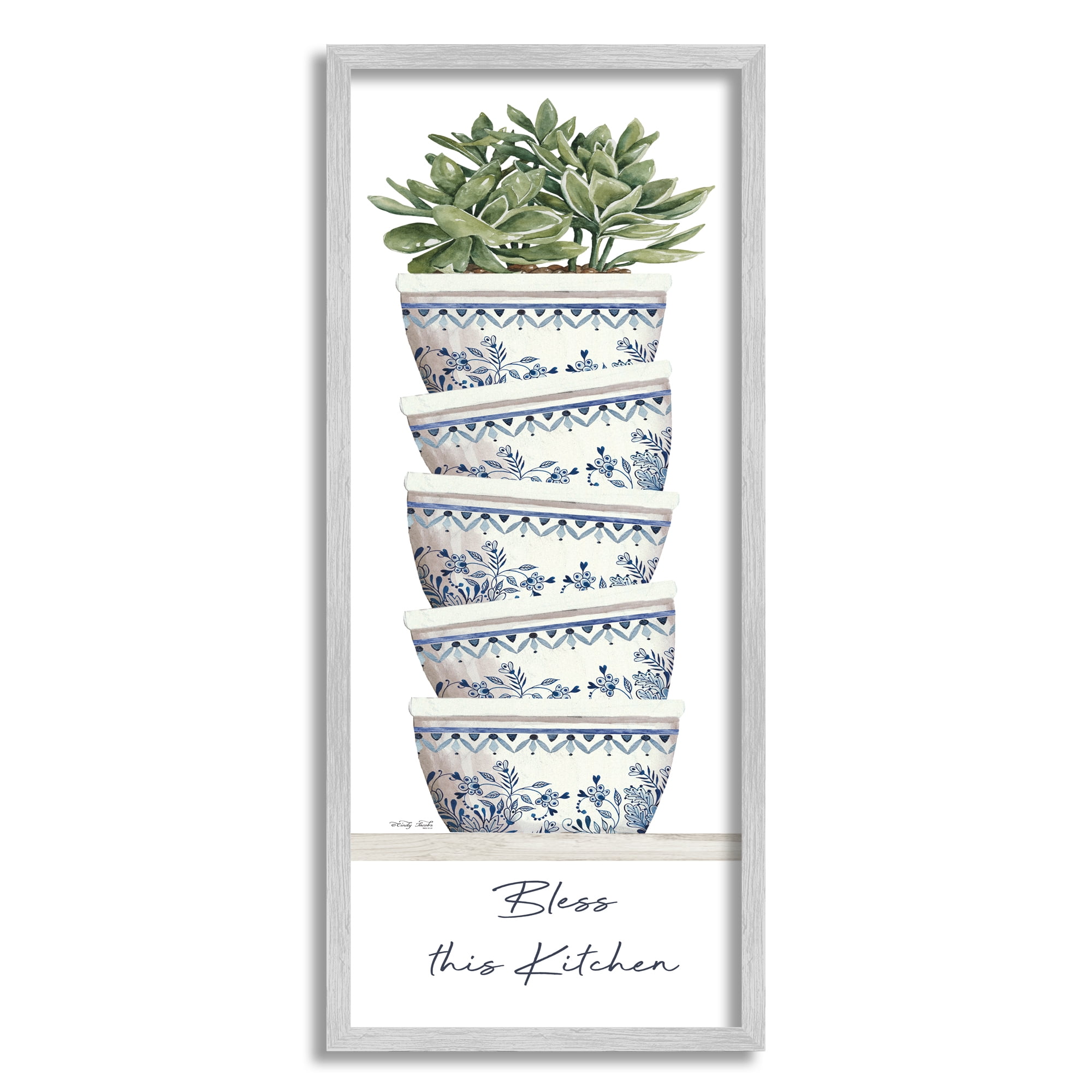 Stupell Industries Bless This Kitchen Stacked Ornate Bowls Succulent Plant Graphic Art Gray Framed Art Print Wall Art, Design by Cindy Jacobs