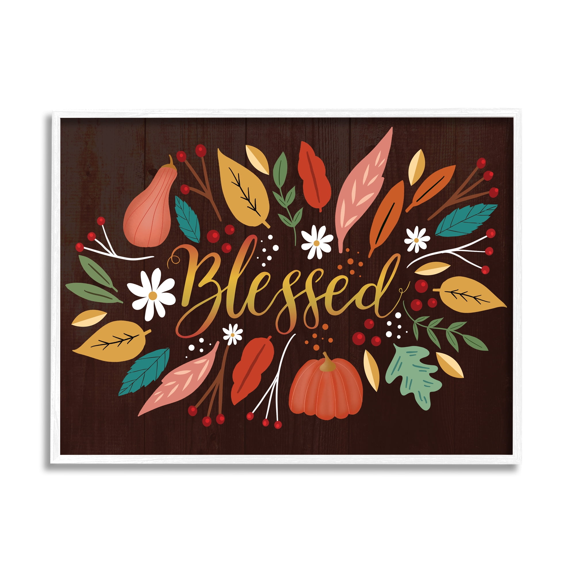 Stupell Industries Blessed Acknowledgement Whimsical Autumn Leaves and Gourds, 11 x 14, Designed by Louise Allen