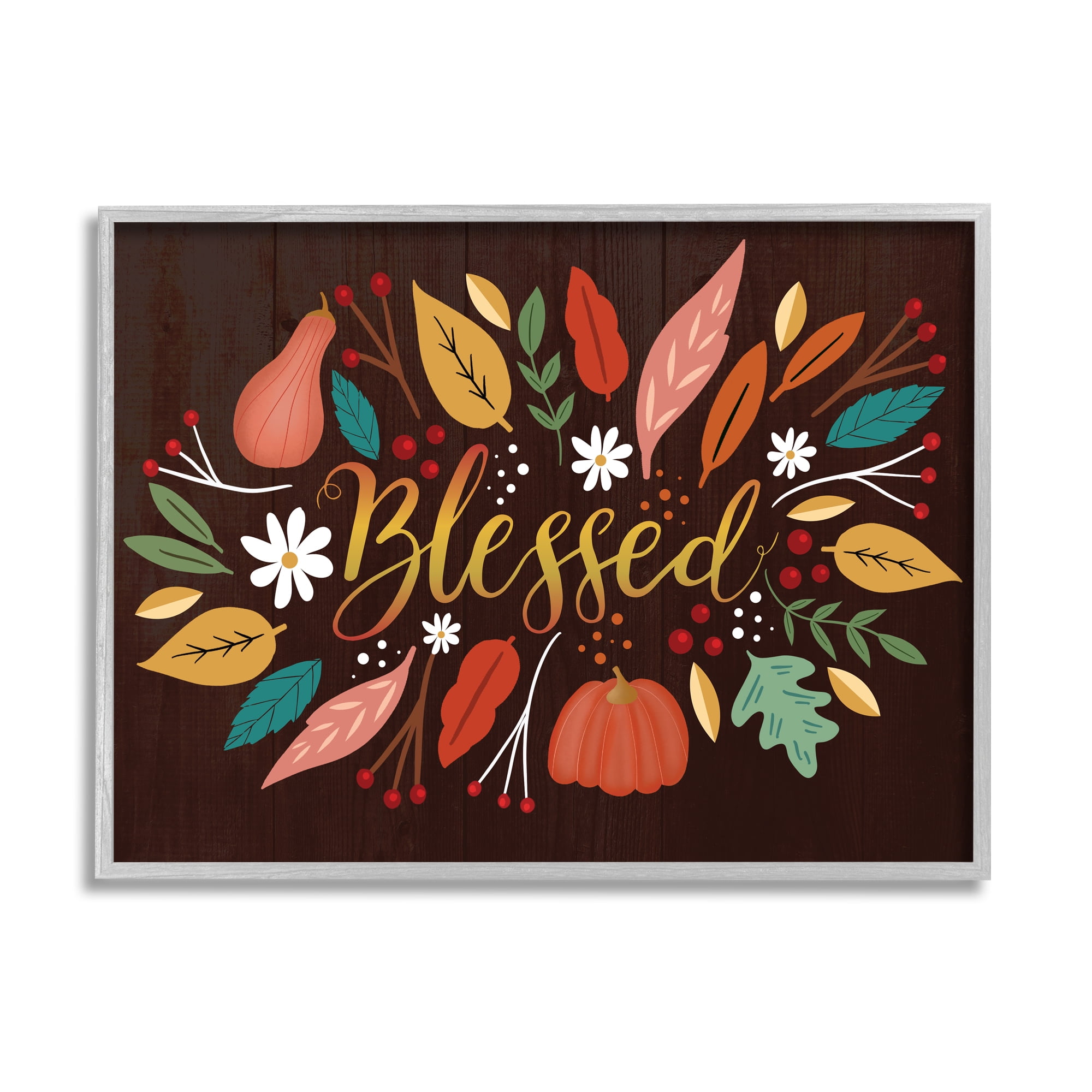 Stupell Industries Blessed Acknowledgement Whimsical Autumn Leaves and Gourds Graphic Art Gray Framed Art Print Wall Art, 16x20, by Louise Allen