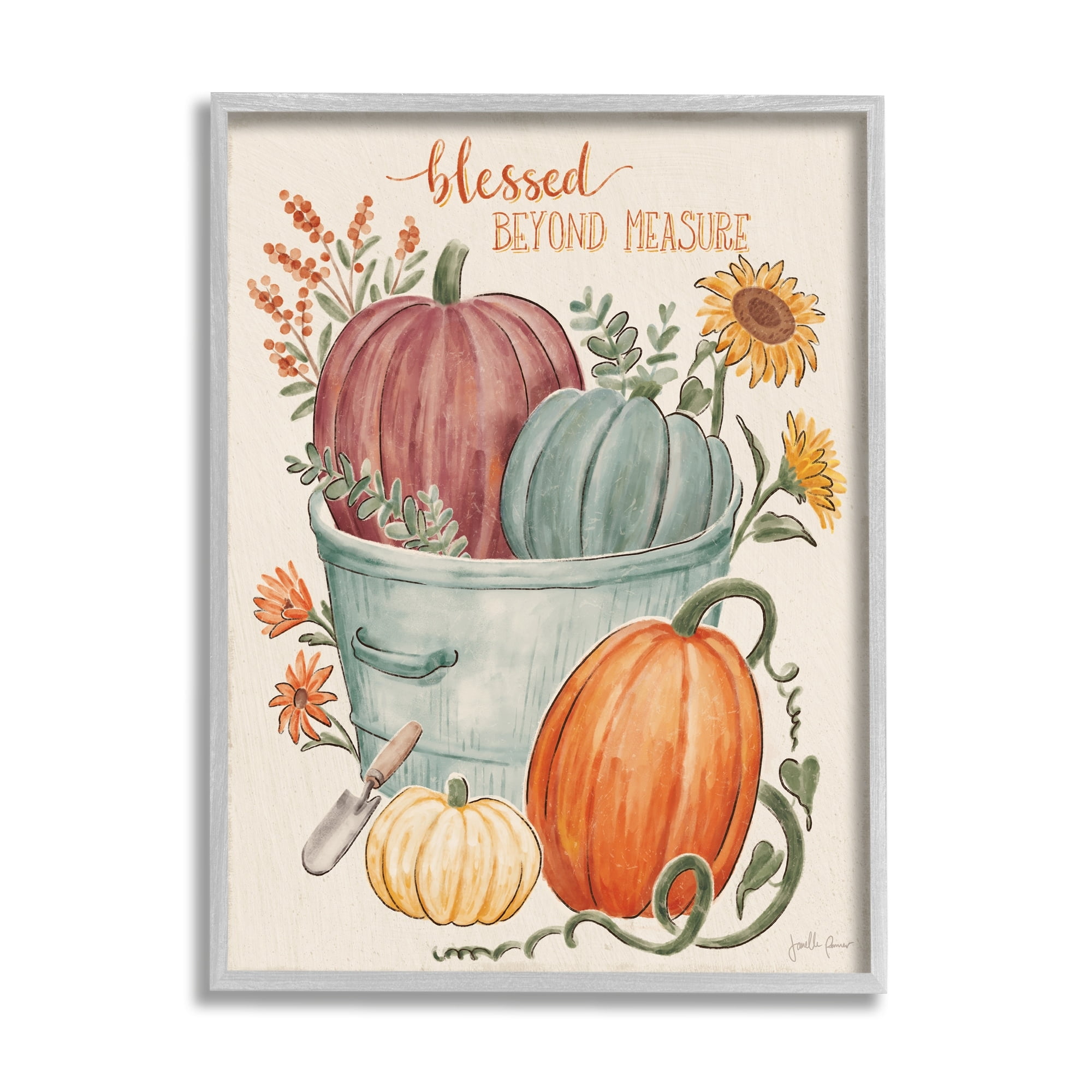 Stupell Industries Blessed Beyond Measure Phrase Autumn Pumpkin Tin Paintings Gray Framed Art Print Wall Art, 16x20, by Janelle Penner