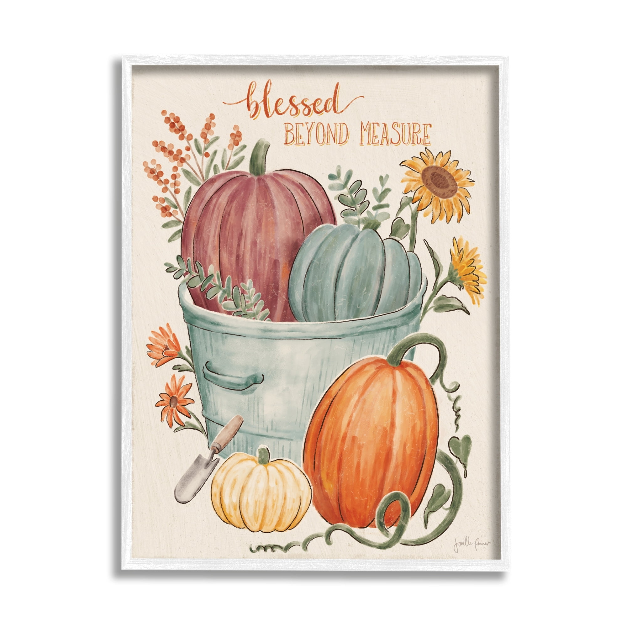 Stupell Industries Blessed Beyond Measure Phrase Autumn Pumpkin Tin Paintings White Framed Art Print Wall Art, 24x30, by Janelle Penner
