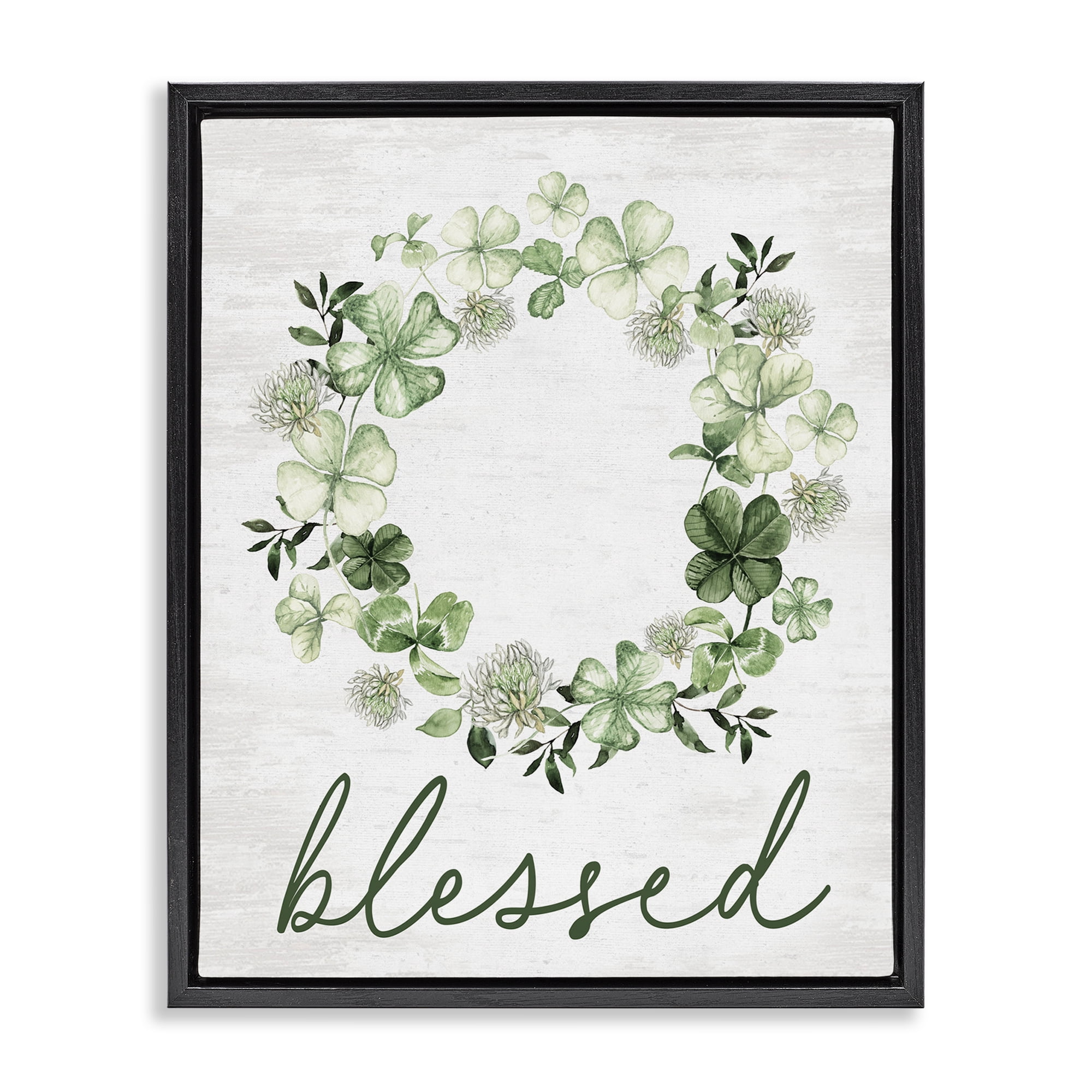 Stupell Industries Blessed Clover Wreath Botanical & Floral Painting Black Floater Framed Canvas Art Print Wall Art, 25 x 31