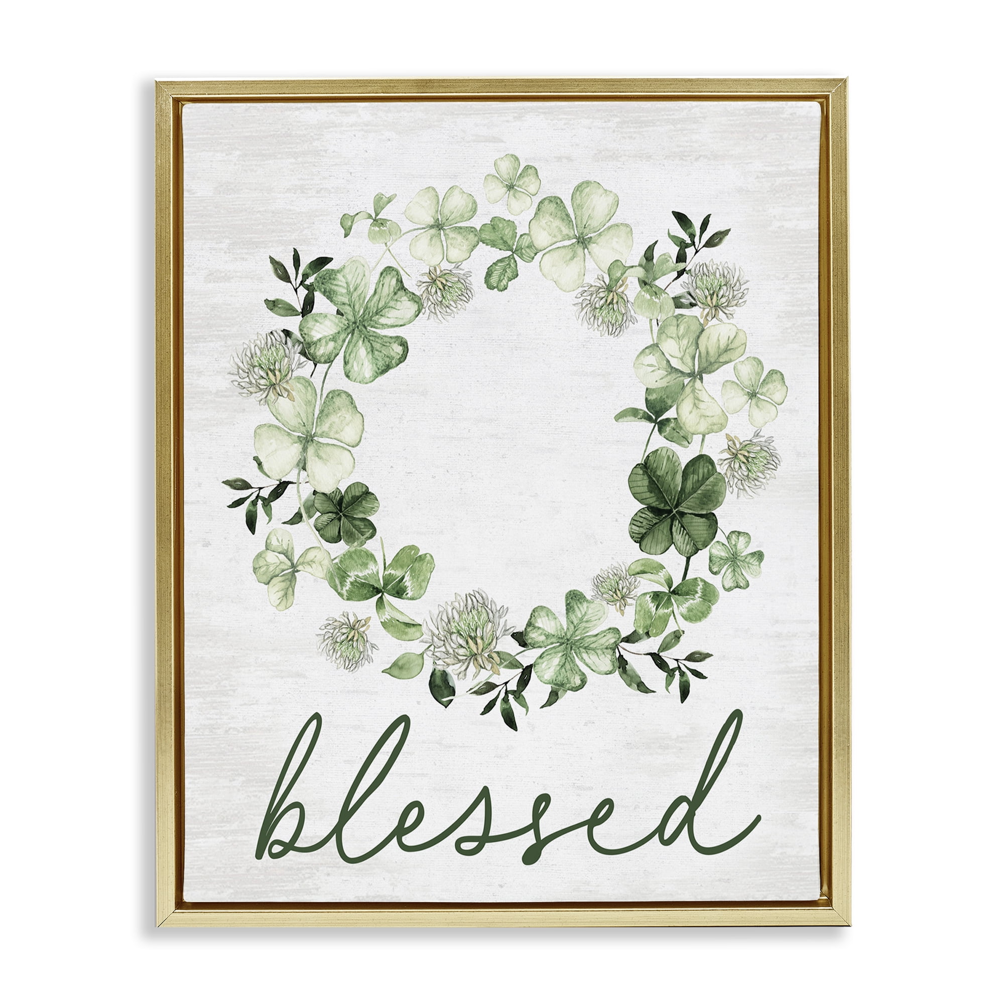 Stupell Industries Blessed Clover Wreath Botanical & Floral Painting Gold Floater Framed Canvas Art Print Wall Art, 25 x 31