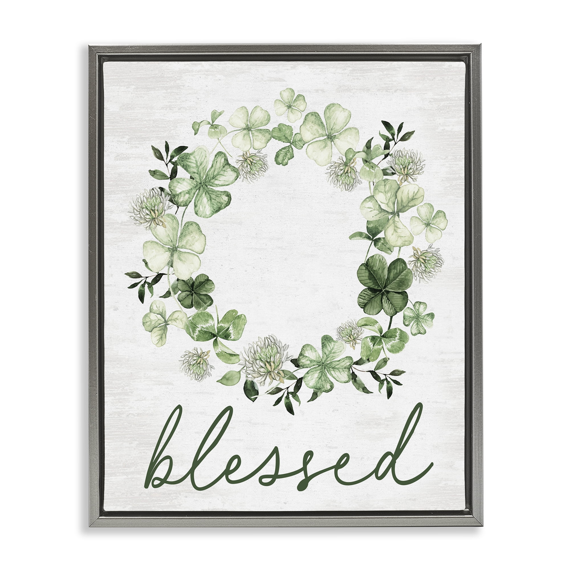 Stupell Industries Blessed Clover Wreath Botanical & Floral Painting Gray Floater Framed Canvas Art Print Wall Art, 25 x 31