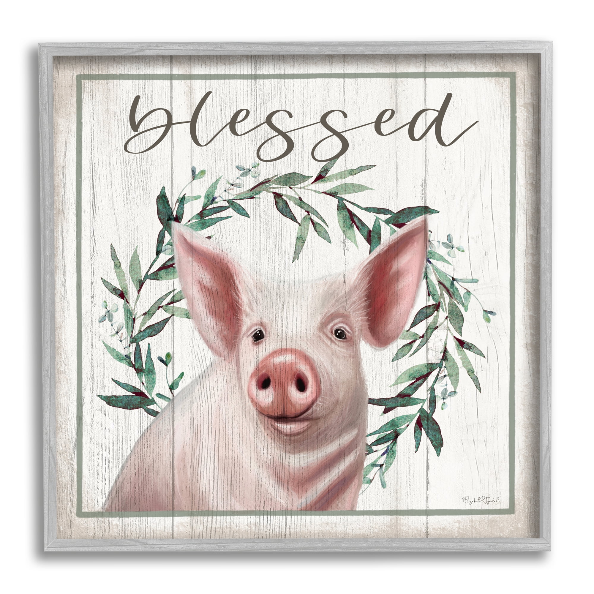 Stupell Industries Blessed Farmhouse Pig Holiday Painting Gray Framed Art Print Wall Art, 17 x 17