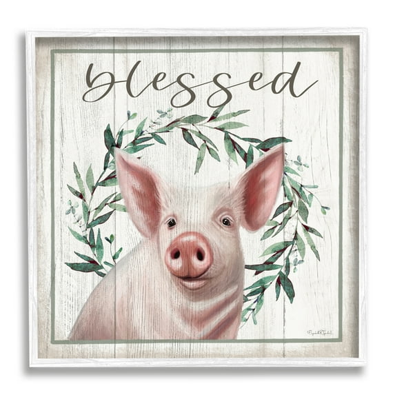 Stupell Industries Blessed Farmhouse Pig Holiday Painting White Framed Art Print Wall Art, 12 x 12