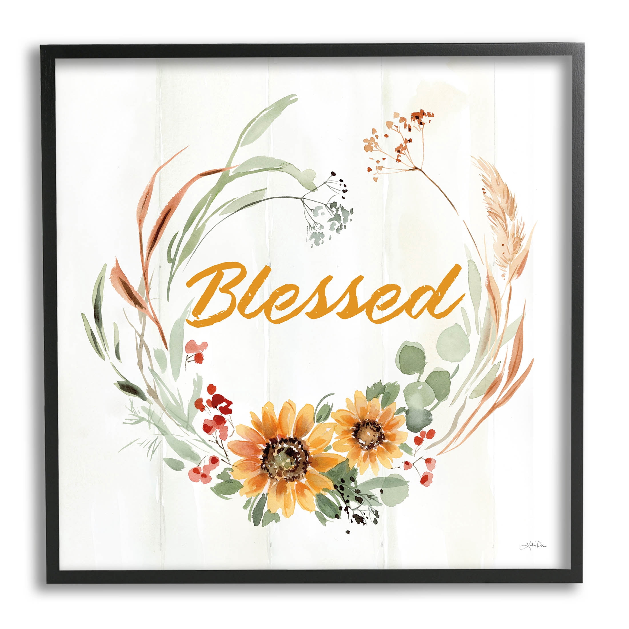 Stupell Industries Blessed Farmhouse Wreath Phrase Graphic Art Black Framed Art Print Wall Art, Design by Katrina Pete