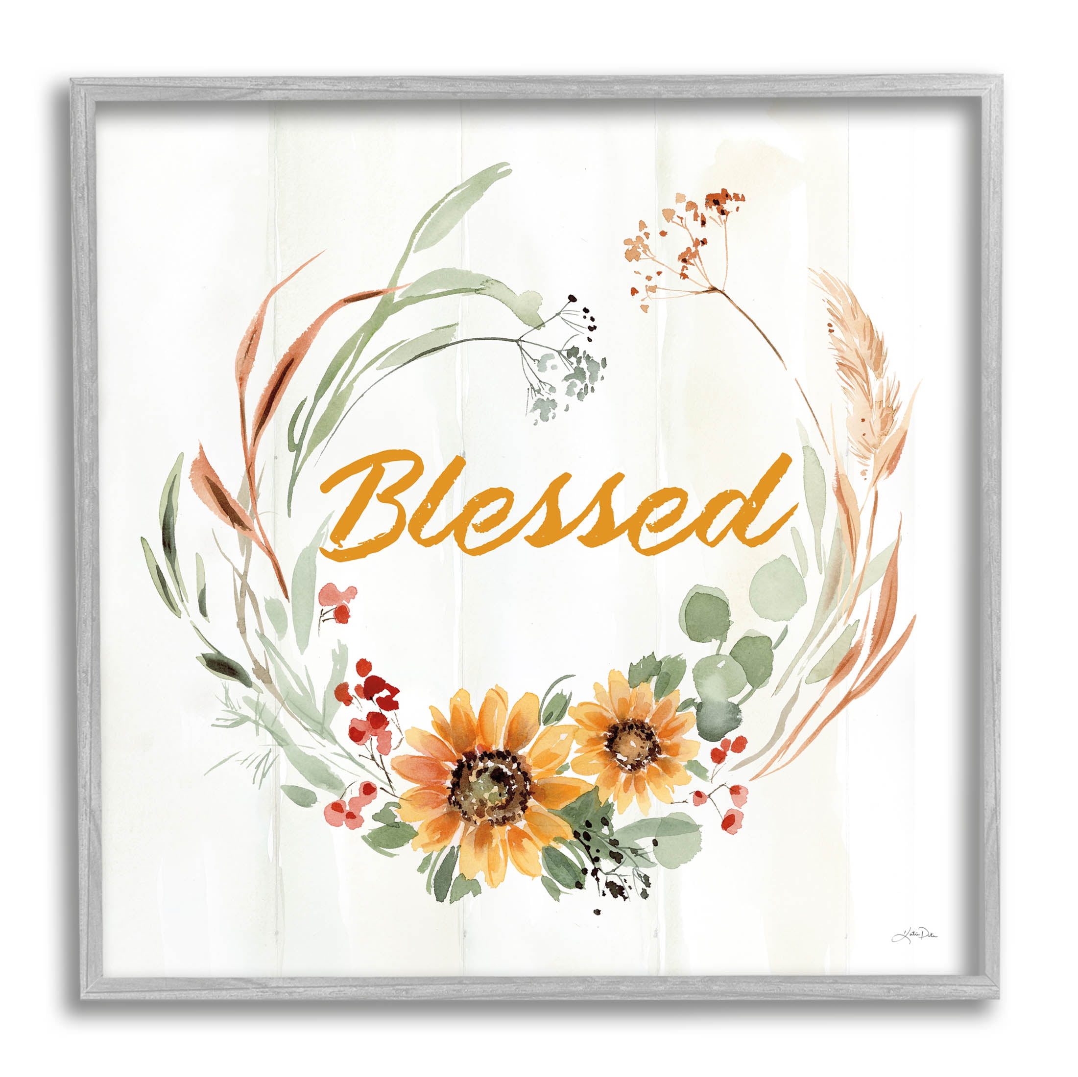 Stupell Industries Blessed Farmhouse Wreath Phrase Graphic Art Gray Framed Art Print Wall Art, Design by Katrina Pete