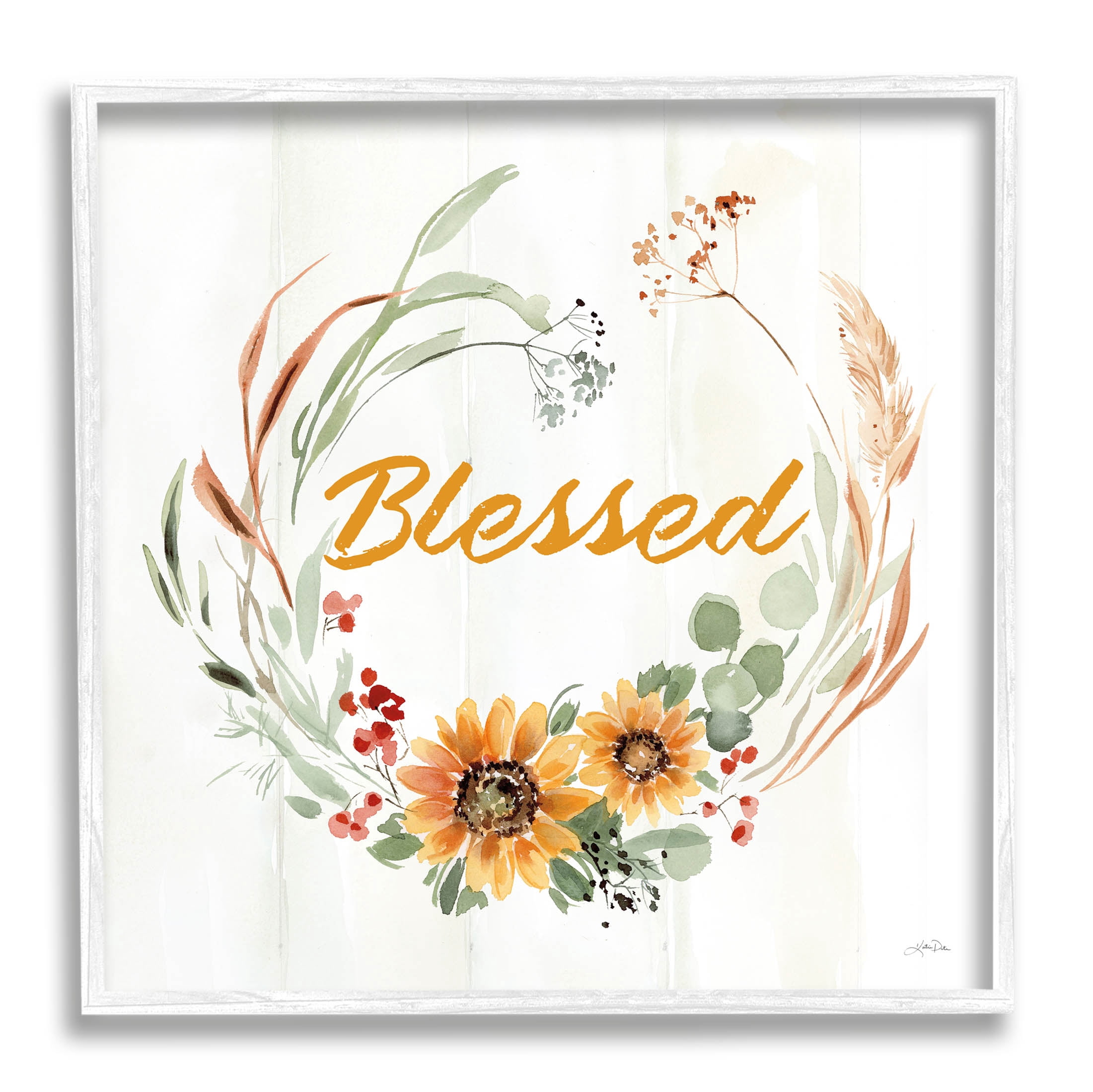 Stupell Industries Blessed Farmhouse Wreath Phrase Graphic Art White Framed Art Print Wall Art, Design by Katrina Pete