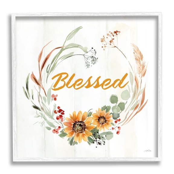 Stupell Industries Blessed Farmhouse Wreath Phrase Graphic Art White Framed Art Print Wall Art, Design by Katrina Pete