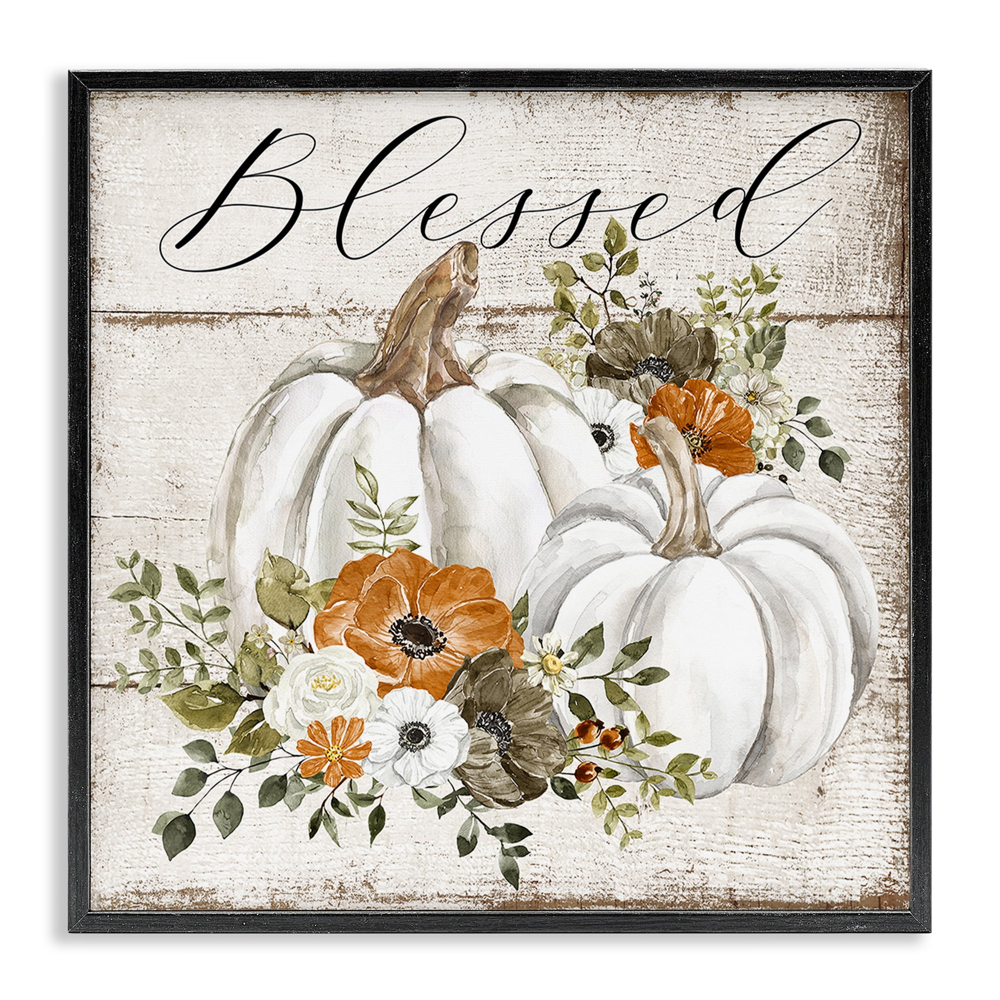 Stupell Industries Blessed Floral Pumpkin Holiday Painting Black Framed Art Prints Wall Art, 17 x 17