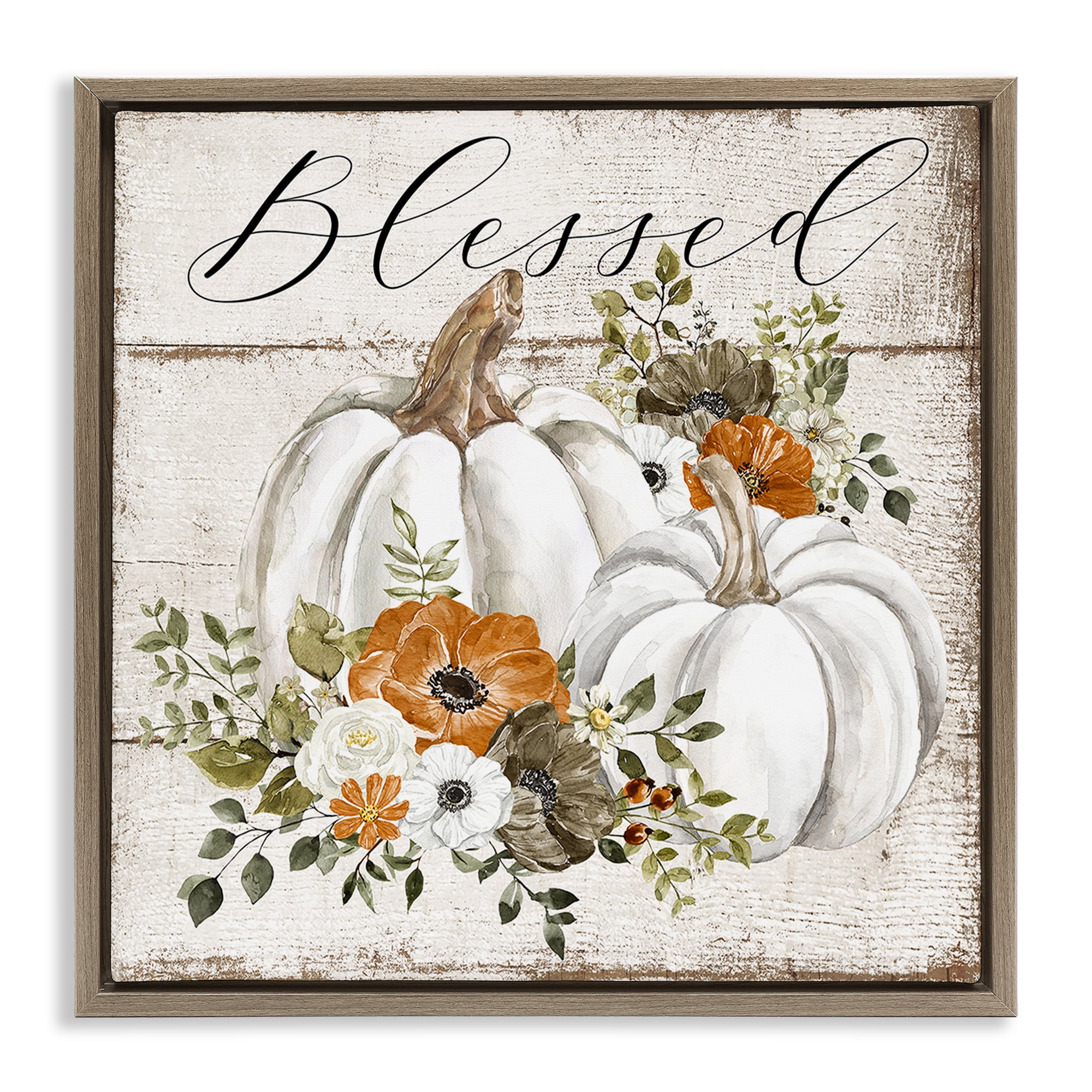 Stupell Industries Blessed Floral Pumpkin Holiday Painting Brown Floater Framed Canvas Art Prints Wall Art, 18 x 18