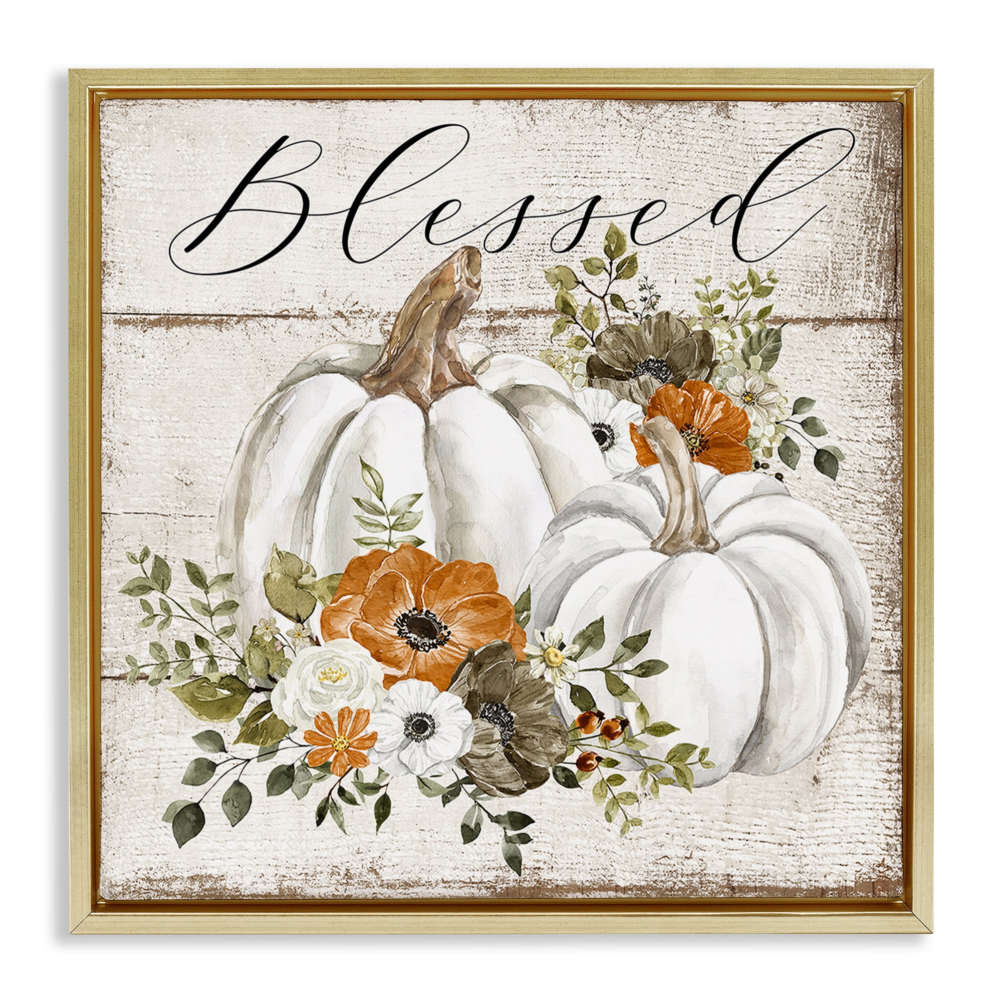Stupell Industries Blessed Floral Pumpkin Holiday Painting Gold Floater Framed Canvas Art Prints Wall Art, 18 x 18