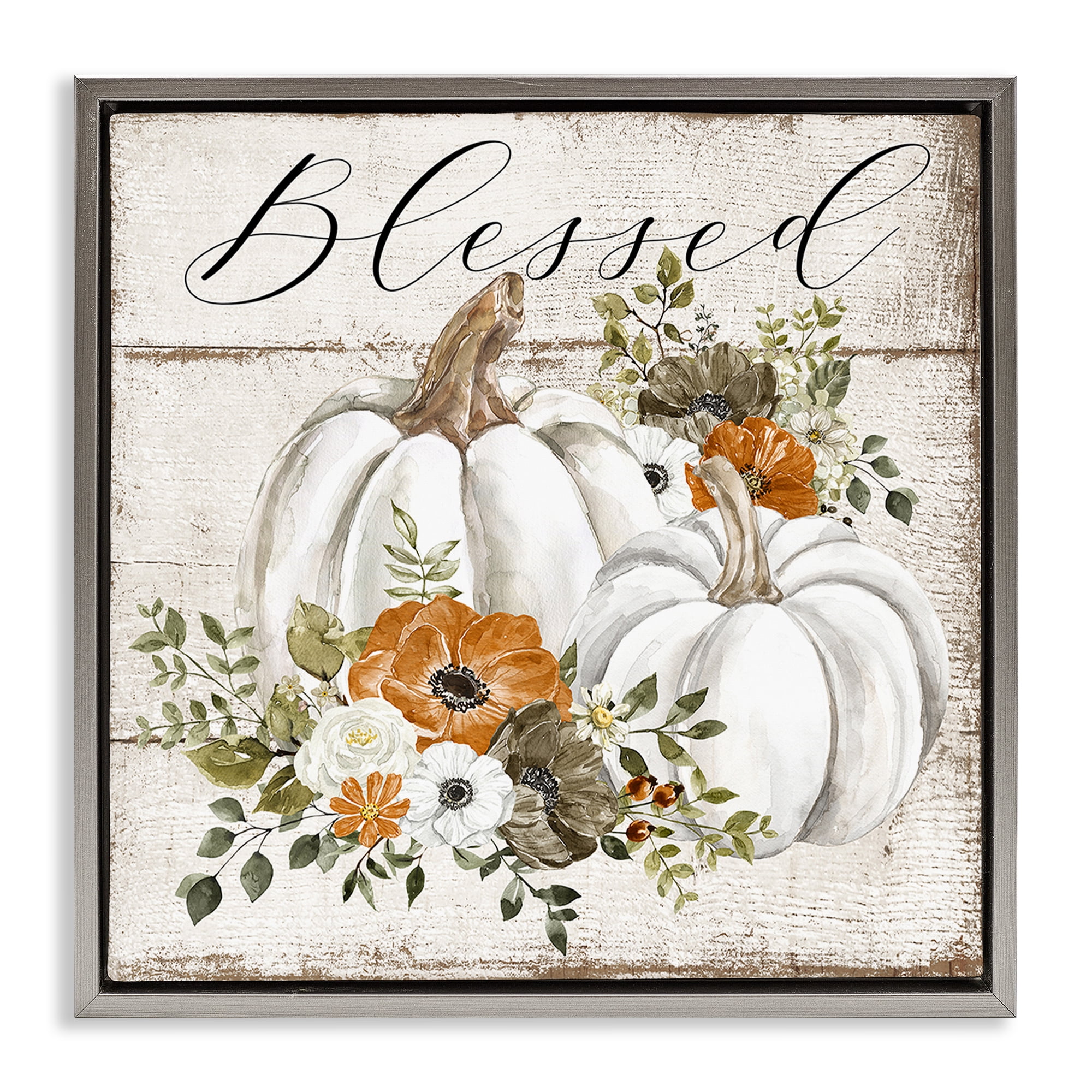 Stupell Industries Blessed Floral Pumpkin Holiday Painting Gray Floater Framed Canvas Art Prints Wall Art, 25 x 25